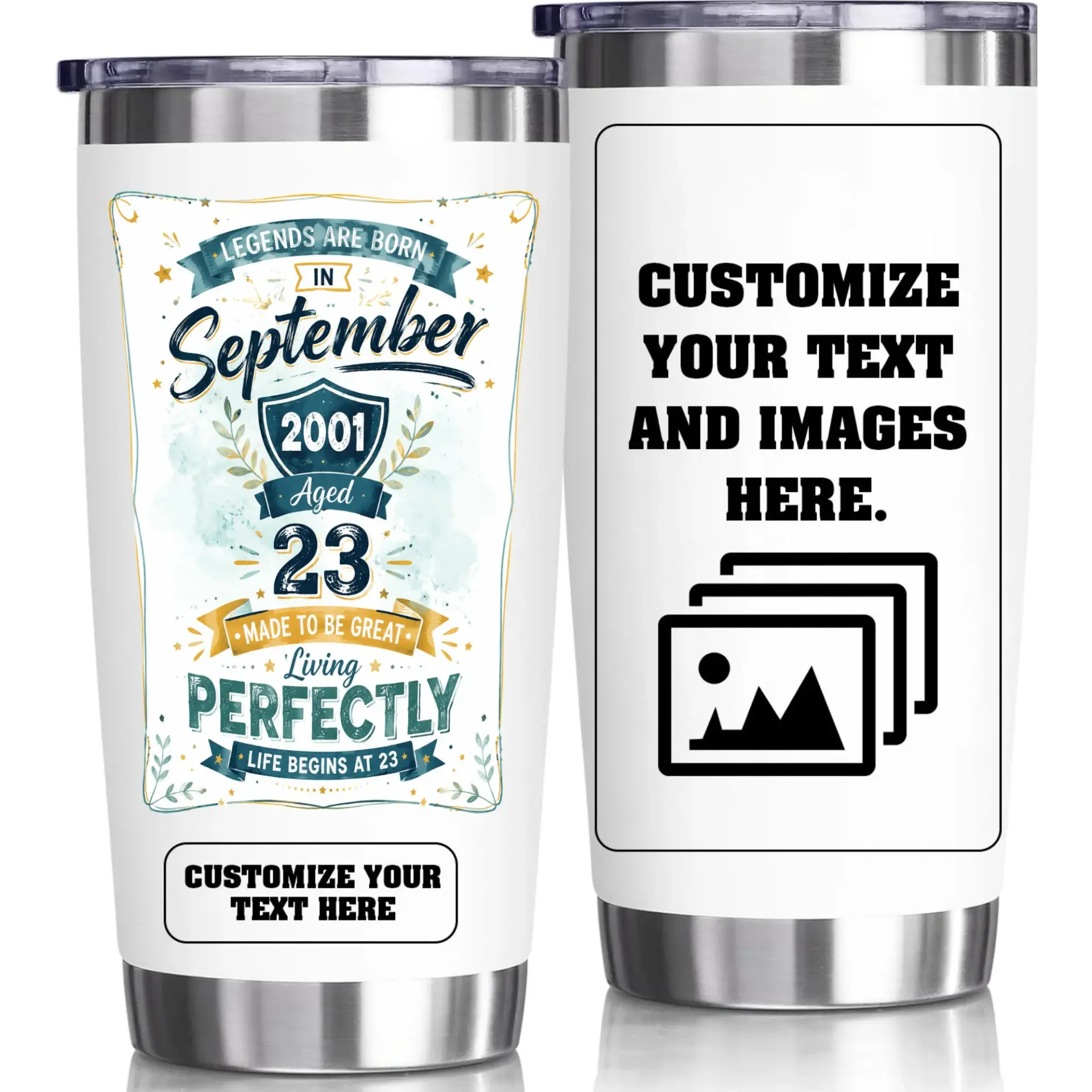Stainless Steel Tumbler 20oz September 2001 Birthday Gift for 23rd Birthday Insulated Travel Cup with Custom Text Option