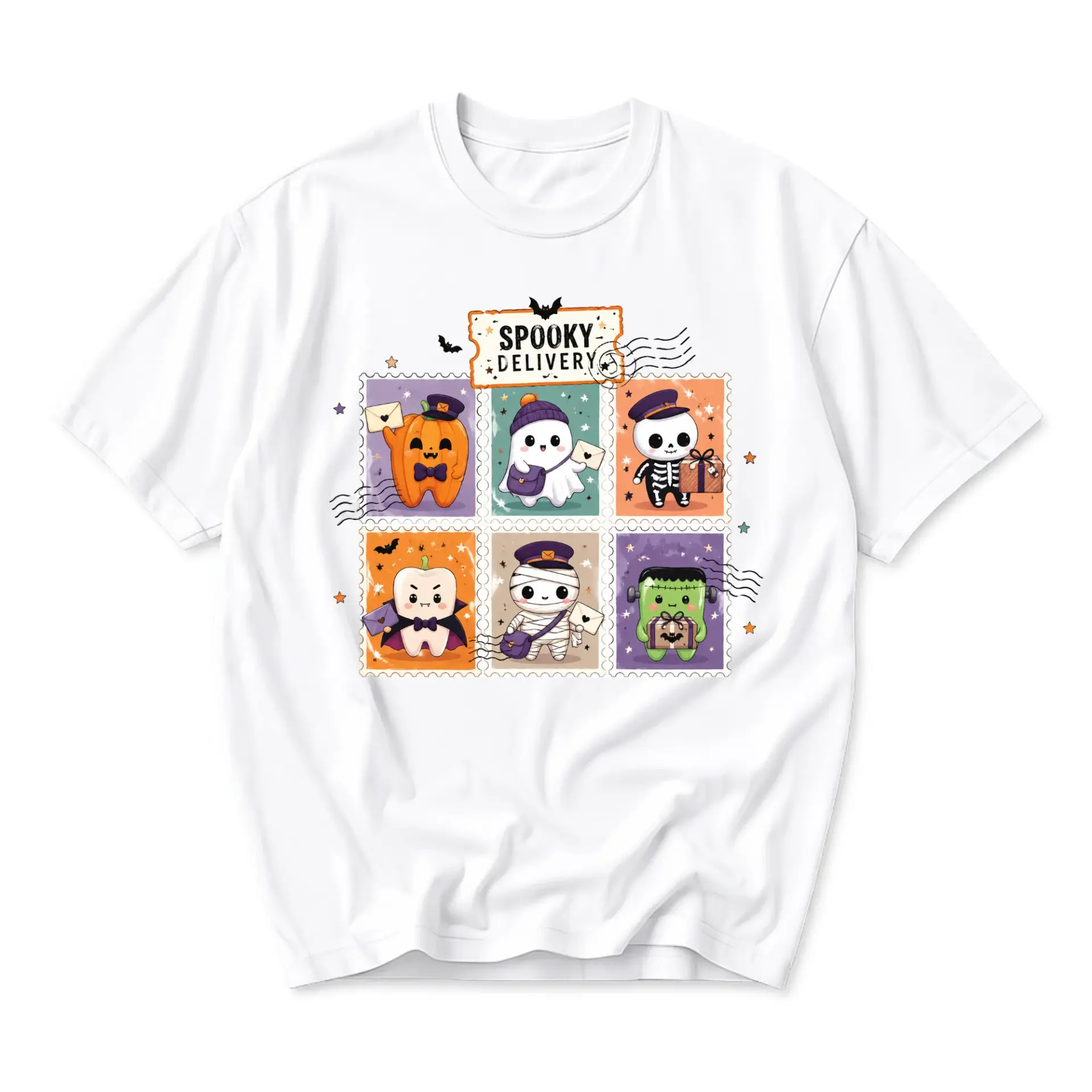 Graphic Tee Spooky Delivery Postage Stamp Halloween Print Unisex Short Sleeve Crew Neck Cotton Casual Summer Shirt
