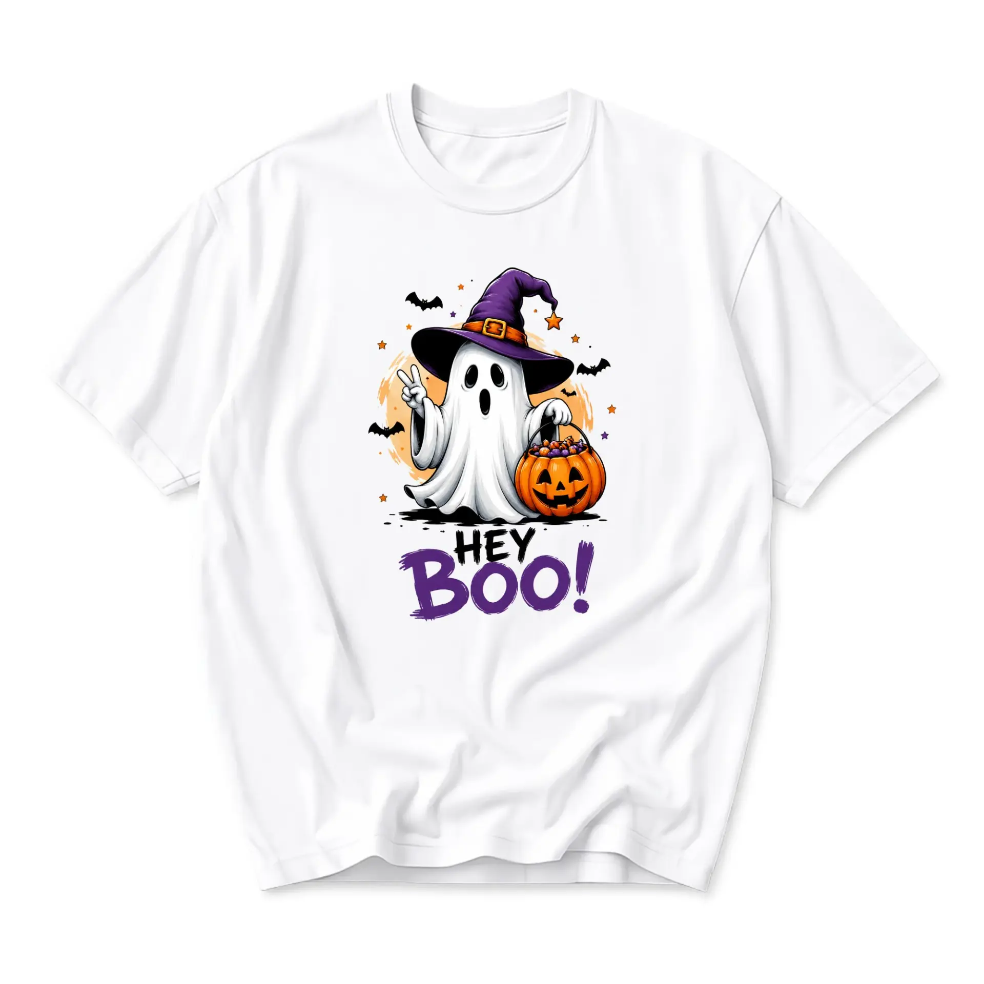 Funny Shirt Hey Boo Ghost Graphic Tee Unisex Crew Neck Halloween Costume Top for Casual Wear and Holiday Celebration