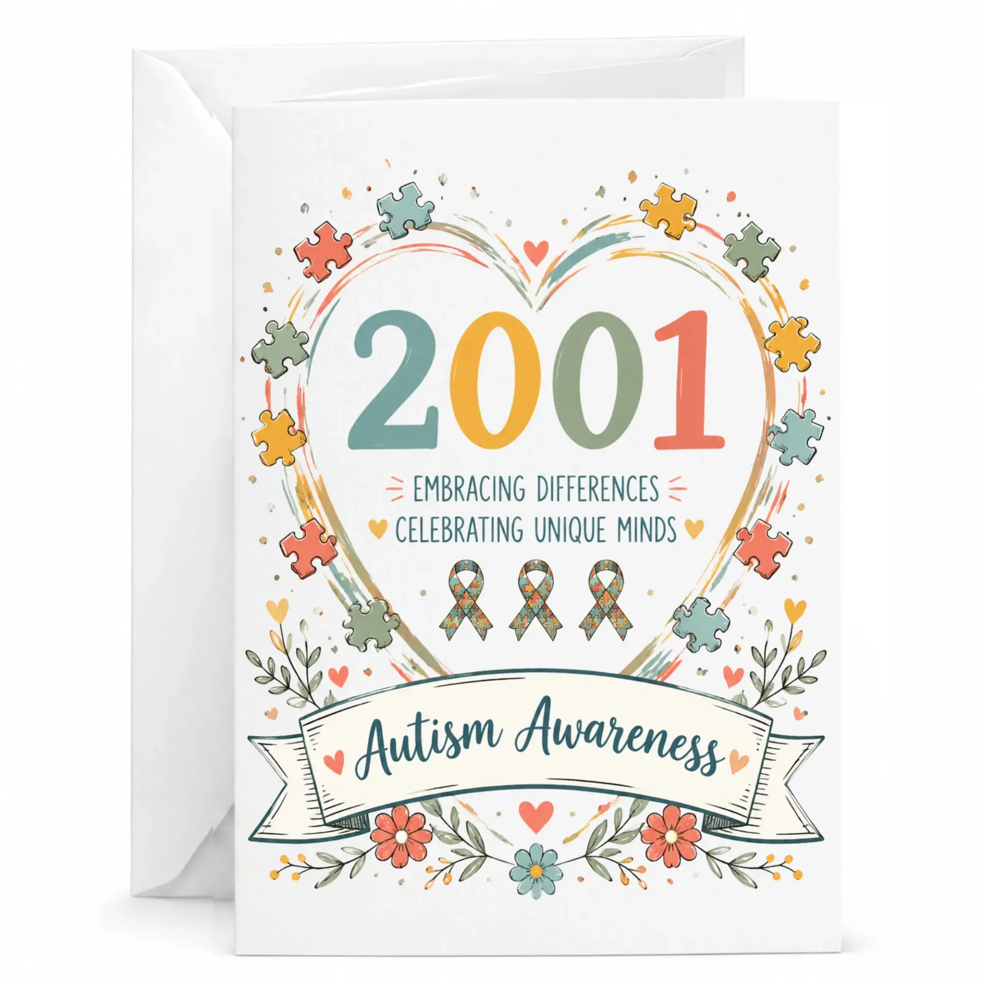 Greeting Card Autism Awareness Celebrating Unique Minds Heart Design with Puzzle Pieces and Floral Accents for Support