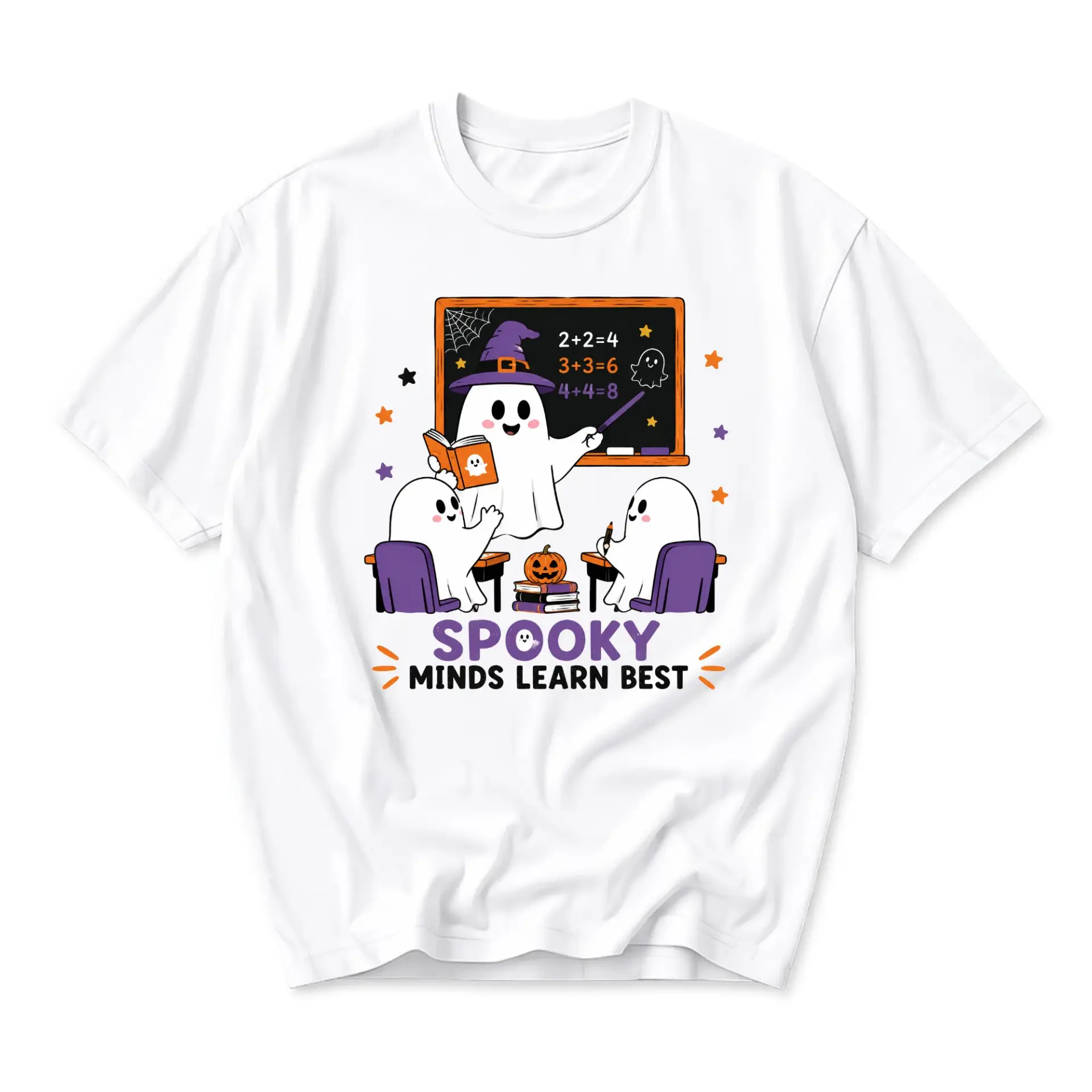 Funny Shirt Spooky Minds Learn Best Graphic Tee Cute Ghost Classroom Illustration Casual Unisex Crew Neck T-Shirt