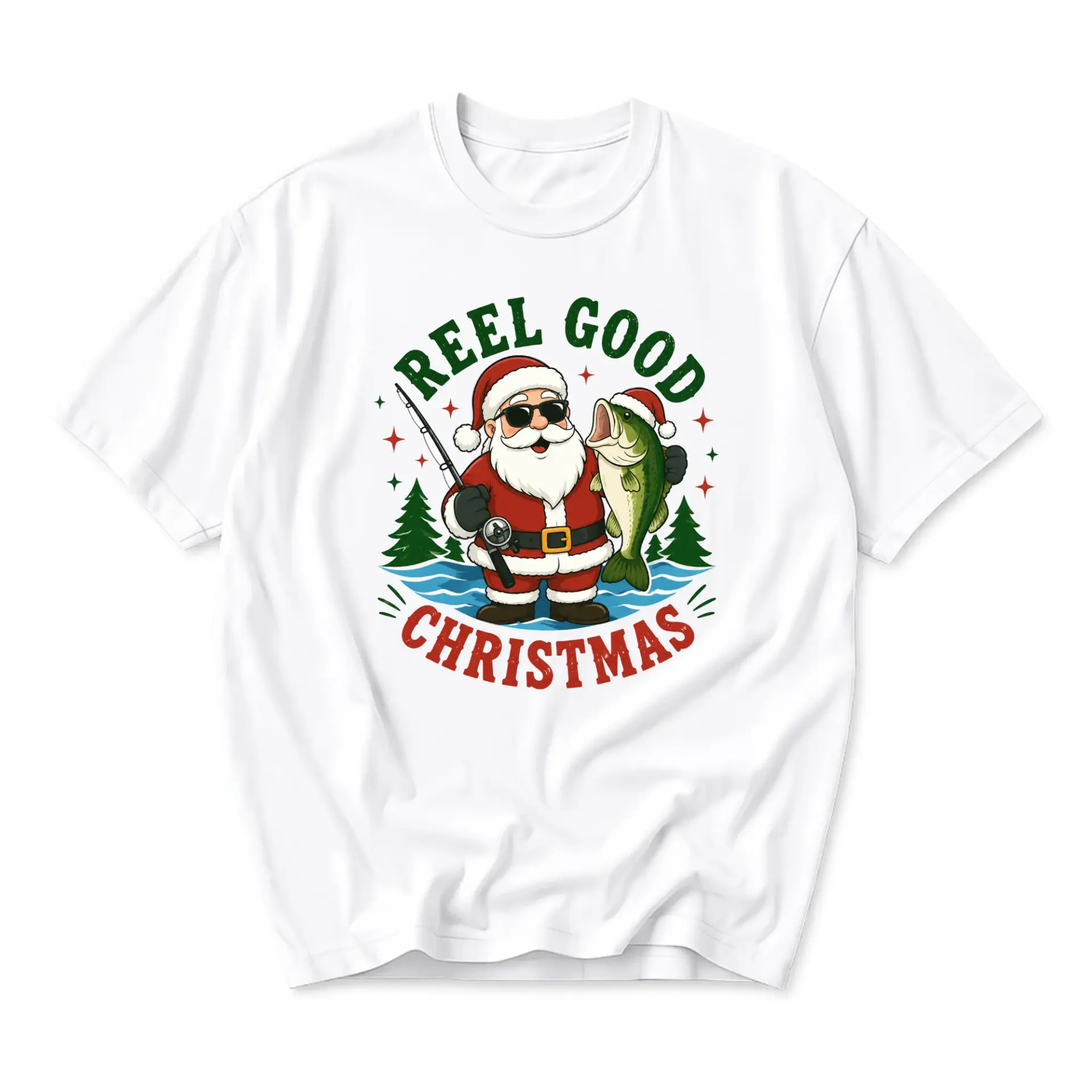Funny Shirt Reel Good Christmas Santa Fishing Graphic Tee Unisex Casual Apparel for Holiday Seasons and Outdoor Enthusiasts