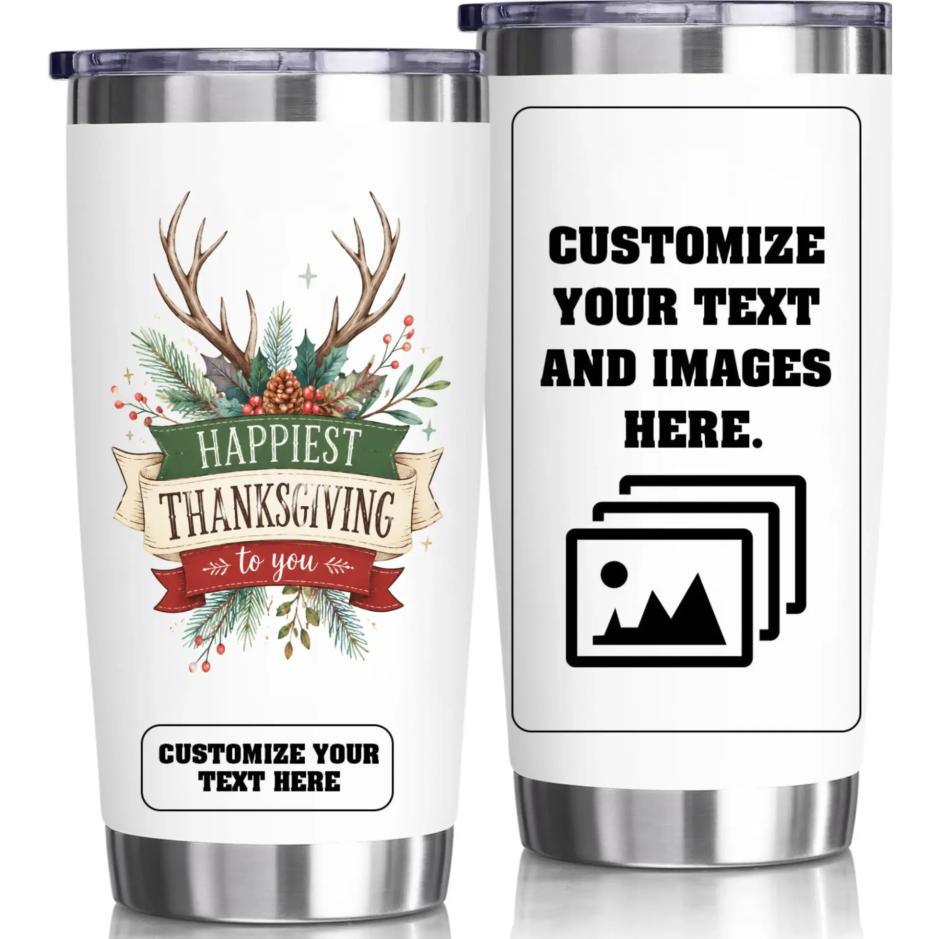 Stainless Steel Tumbler 20oz Holiday Theme Travel Mug with Festive Antler Design for Hot and Cold Beverage Drinkware