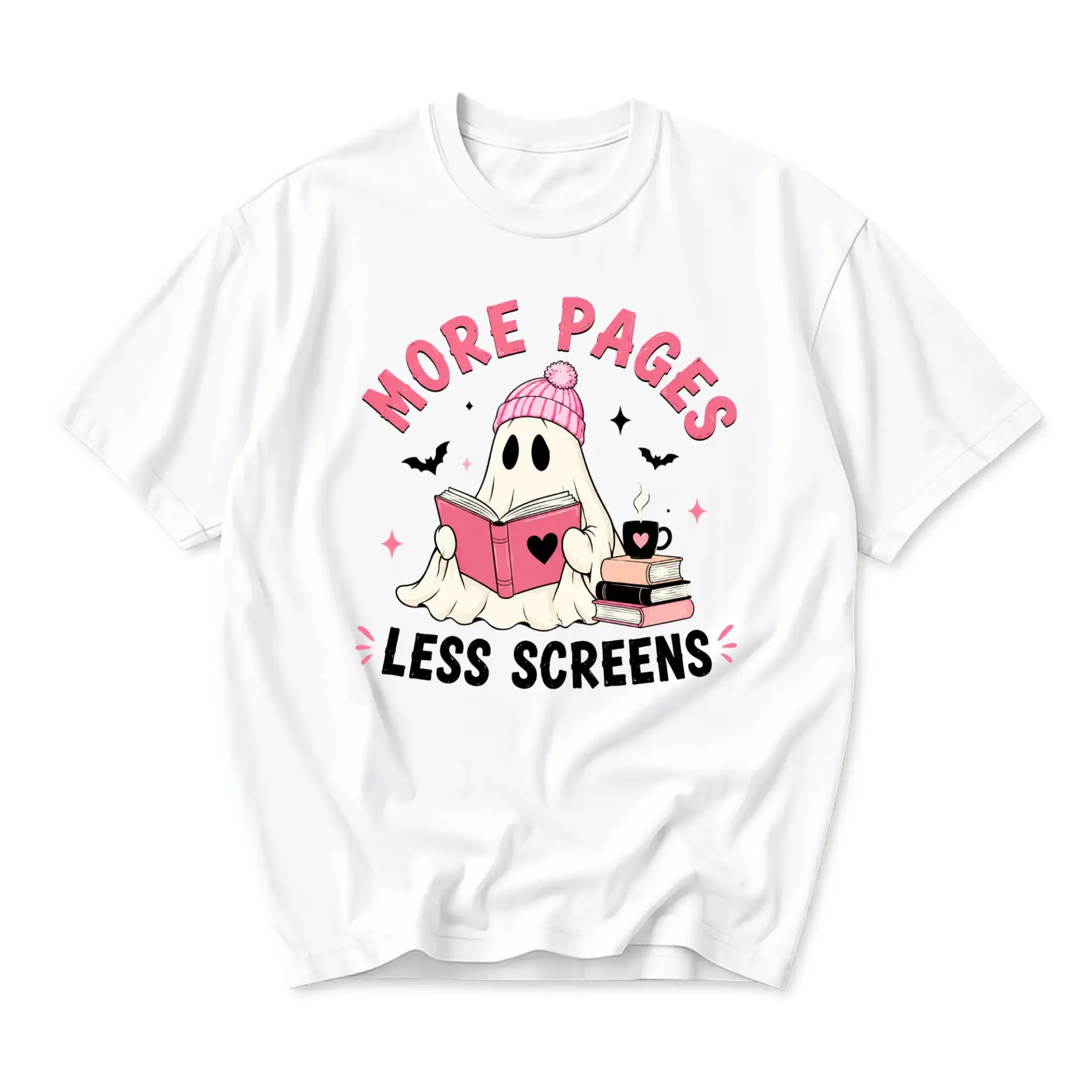 Graphic Tee More Pages Less Screens Reading Ghost Shirt Cute Aesthetic Unisex Crew Neck Casual Everyday Apparel
