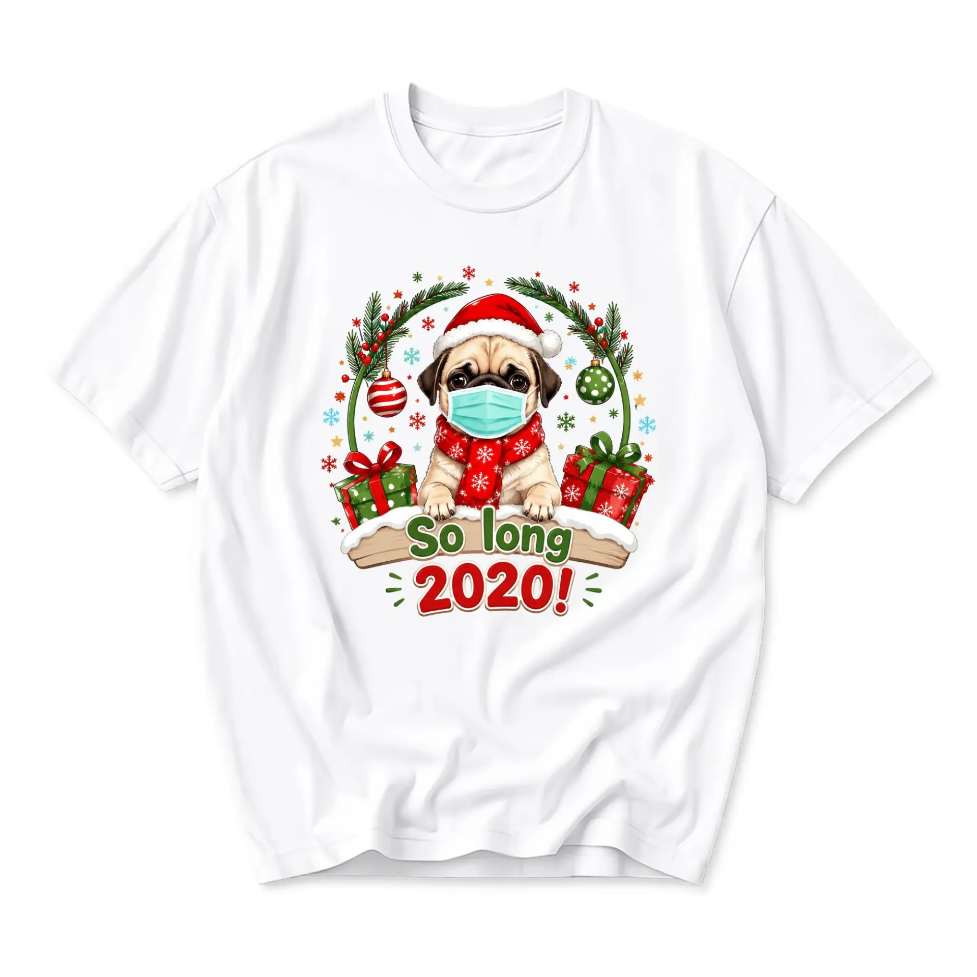 Funny Shirt Wearing Santa Hat and Mask Holiday Graphic Tee Unisex Crew Neck