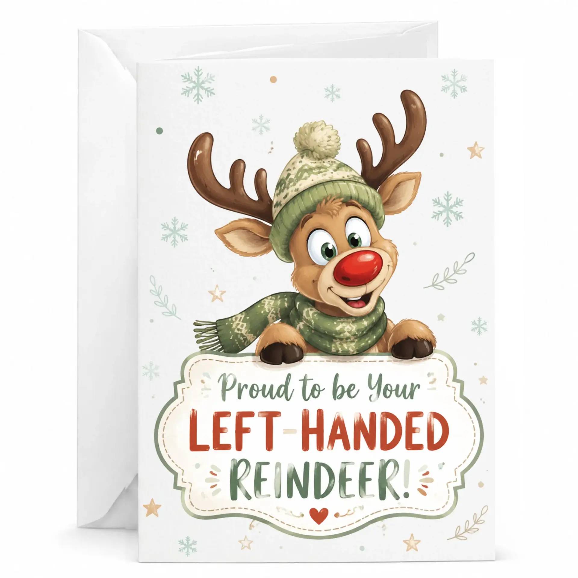 Funny Reindeer Greeting Card for Left Handed People, Cute Holiday Note with Envelope, 5x7 Inches Folded Card