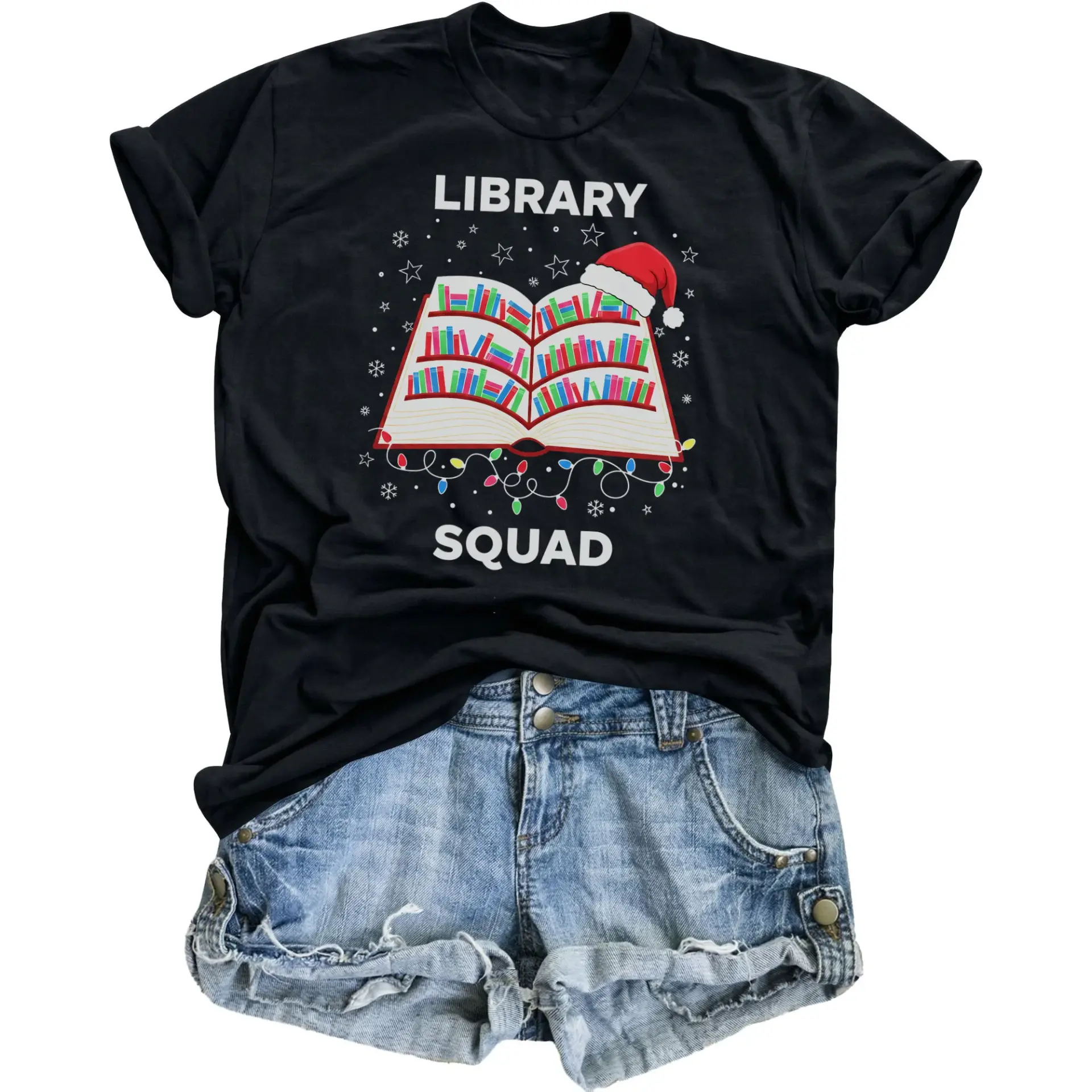 Library Squad Graphic Tee Holiday Reading Book Lover Unisex Crew Neck T-Shirt for Casual Everyday Outfit and Gift