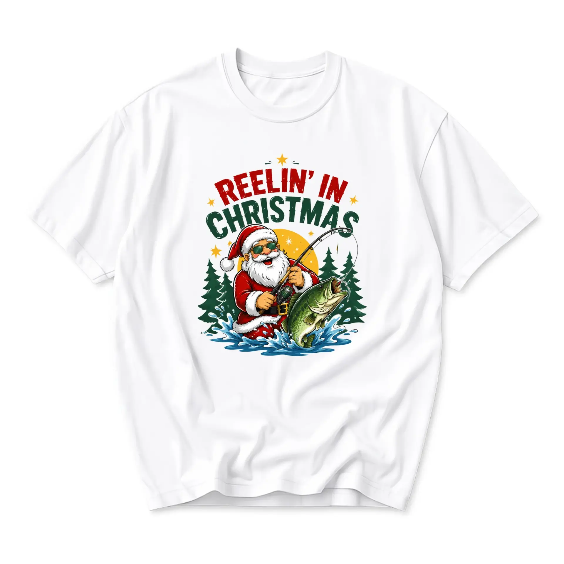 Funny Shirt Reelin in Christmas Graphic Tee Unisex Crew Neck Short Sleeve