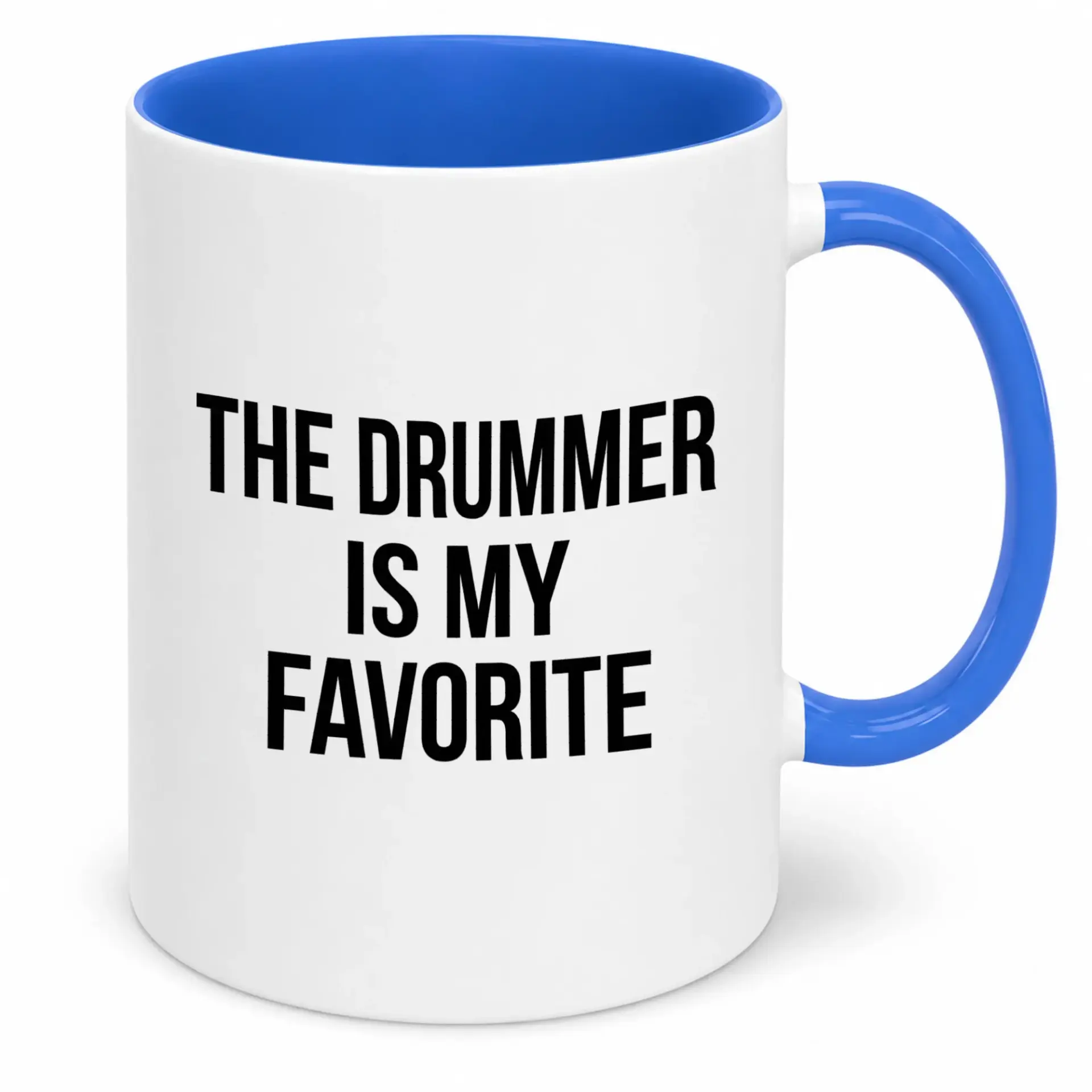 Funny Drummer Fan Ceramic Coffee Mug with Blue Handle and Interior - Unique Music Lover Gift for Drummers and Supporters, 11 Oz White Beverage Cup