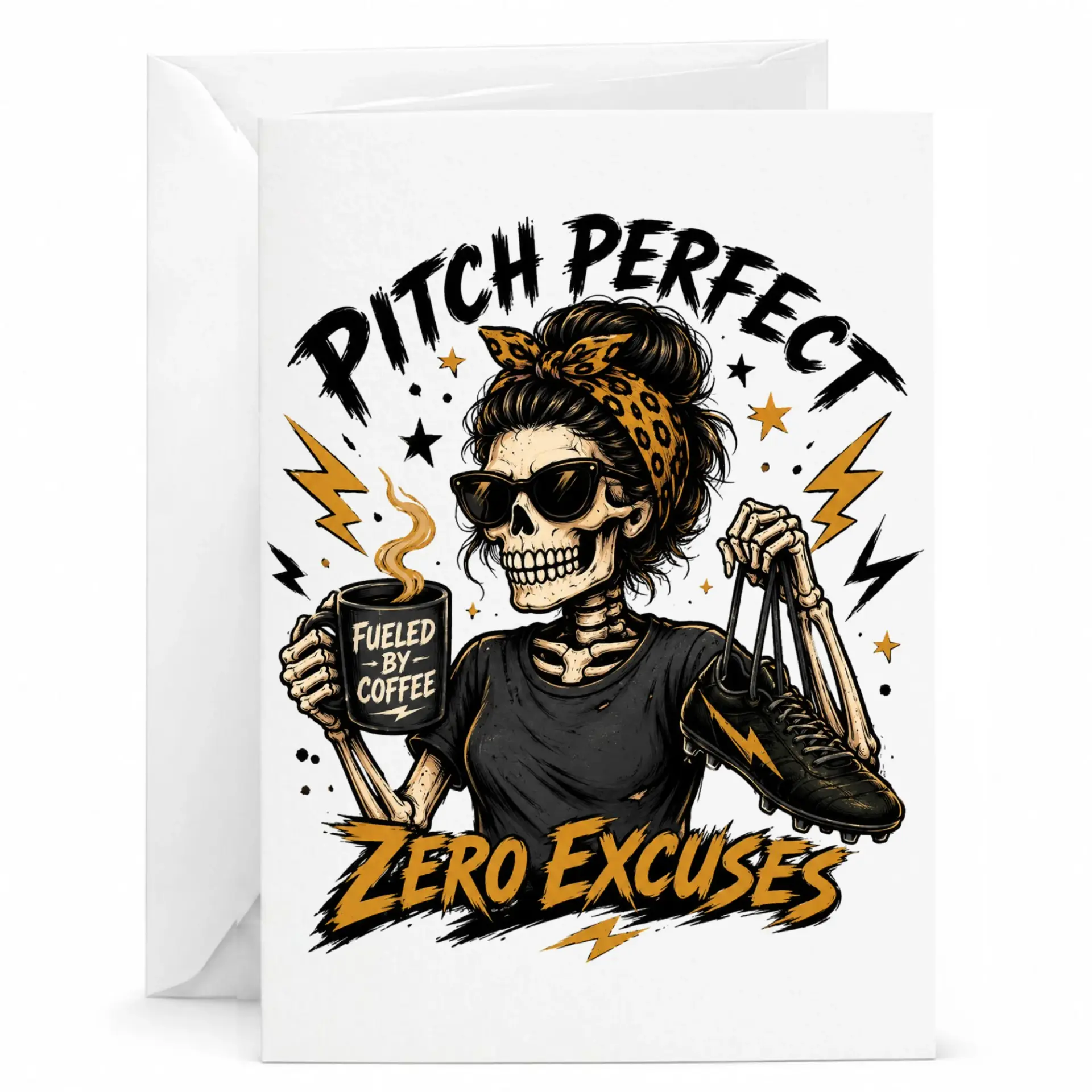 Funny Greeting Card Perfect Excuses Soccer Skeleton Coffee Lover with Matching White Envelope