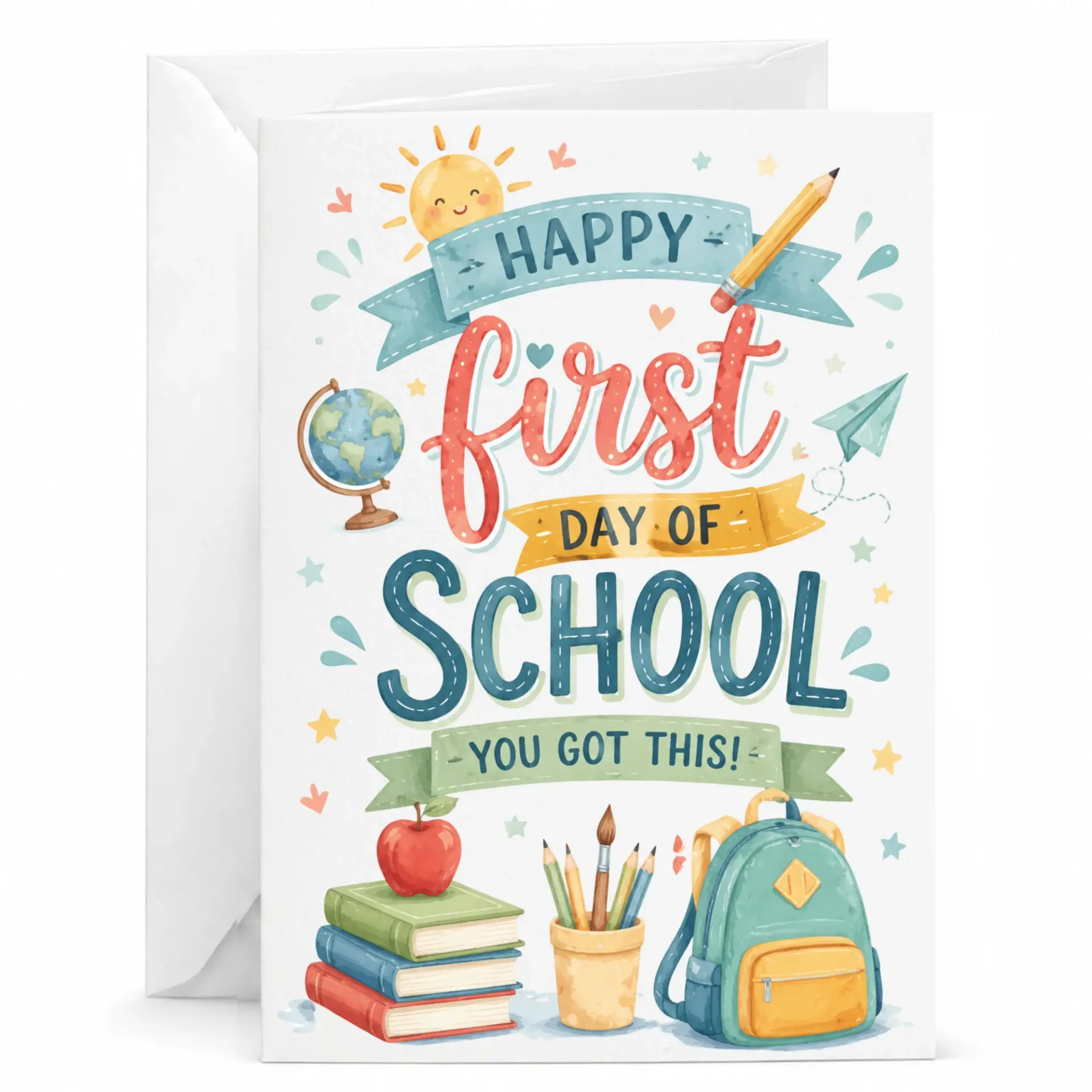 Greeting Card First Day of School Encouragement Note with Artistic Stationery Theme for Support and Motivation