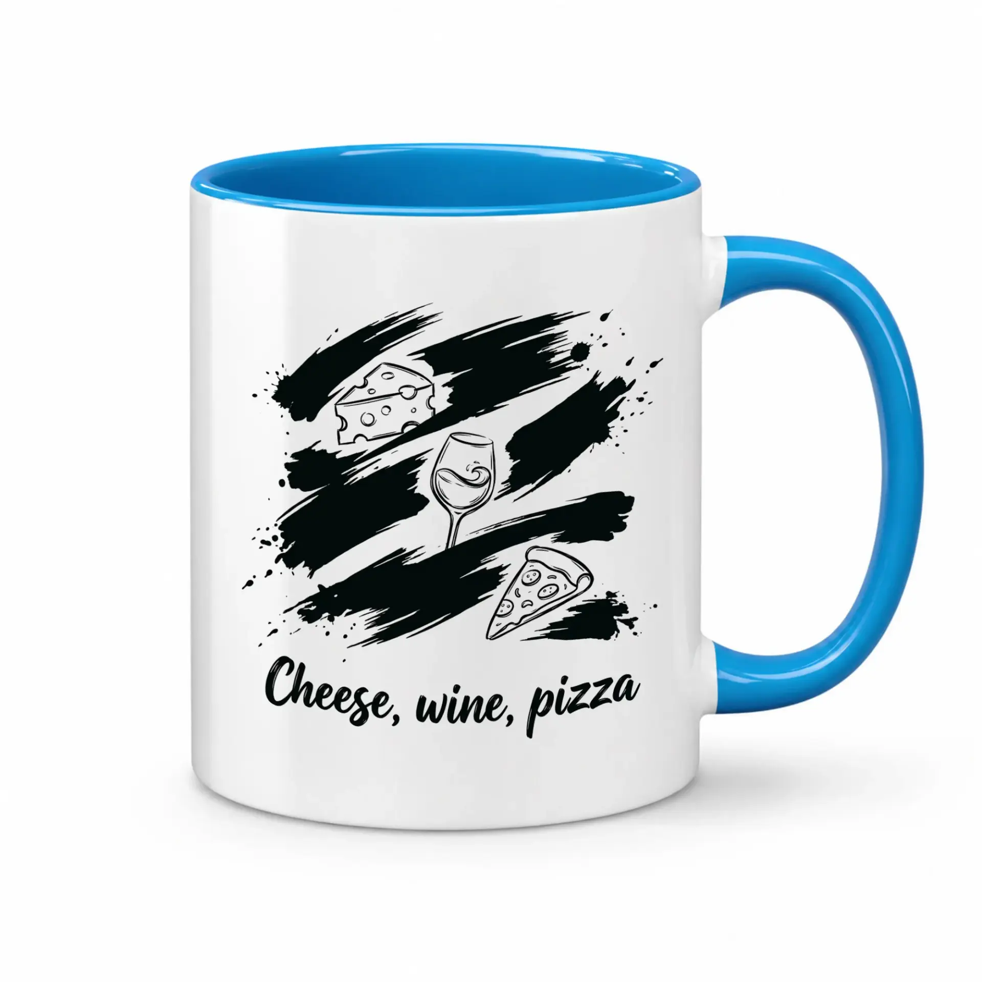 Food Themed Ceramic Coffee Mug with Blue Handle and Rim Featuring Cheese Wine Pizza Artistic Illustration Design