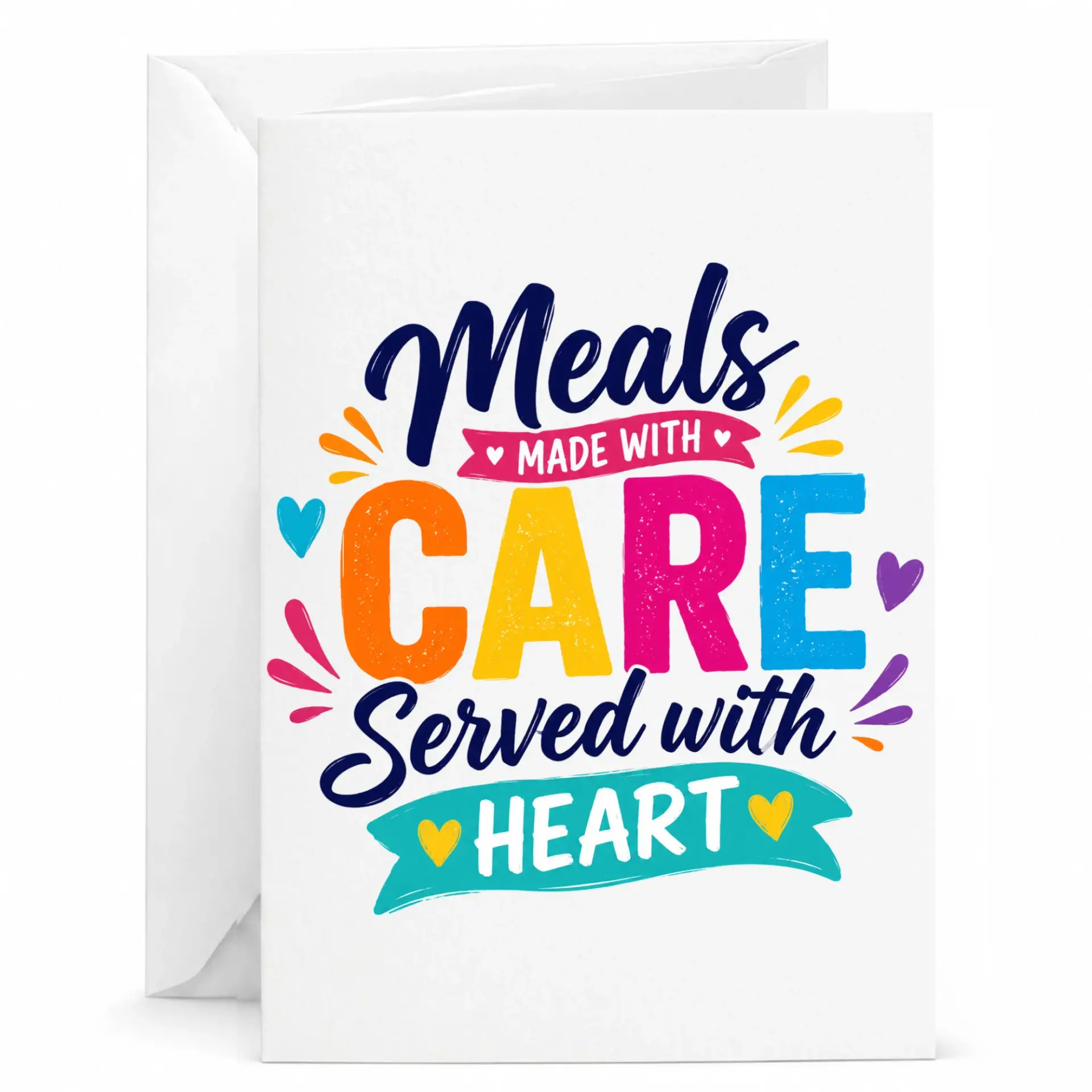 Greeting Card Meals Made with Care Served with Heart Vibrant Colorful Handwritten Style Typography Design