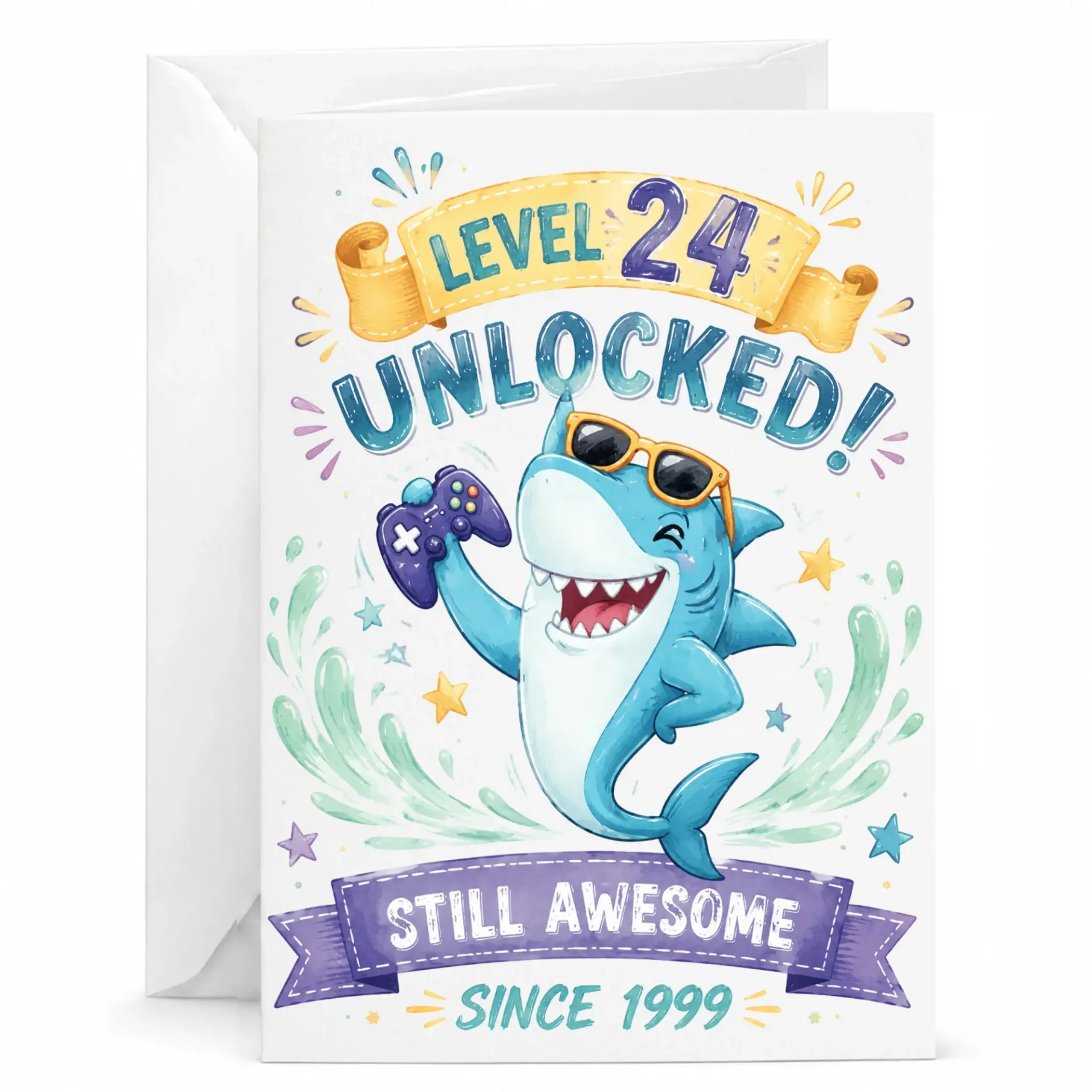 Birthday Card Level 24 Unlocked Funny Gaming Theme Greeting Card for 24th Birthday Celebration with Matching Envelope