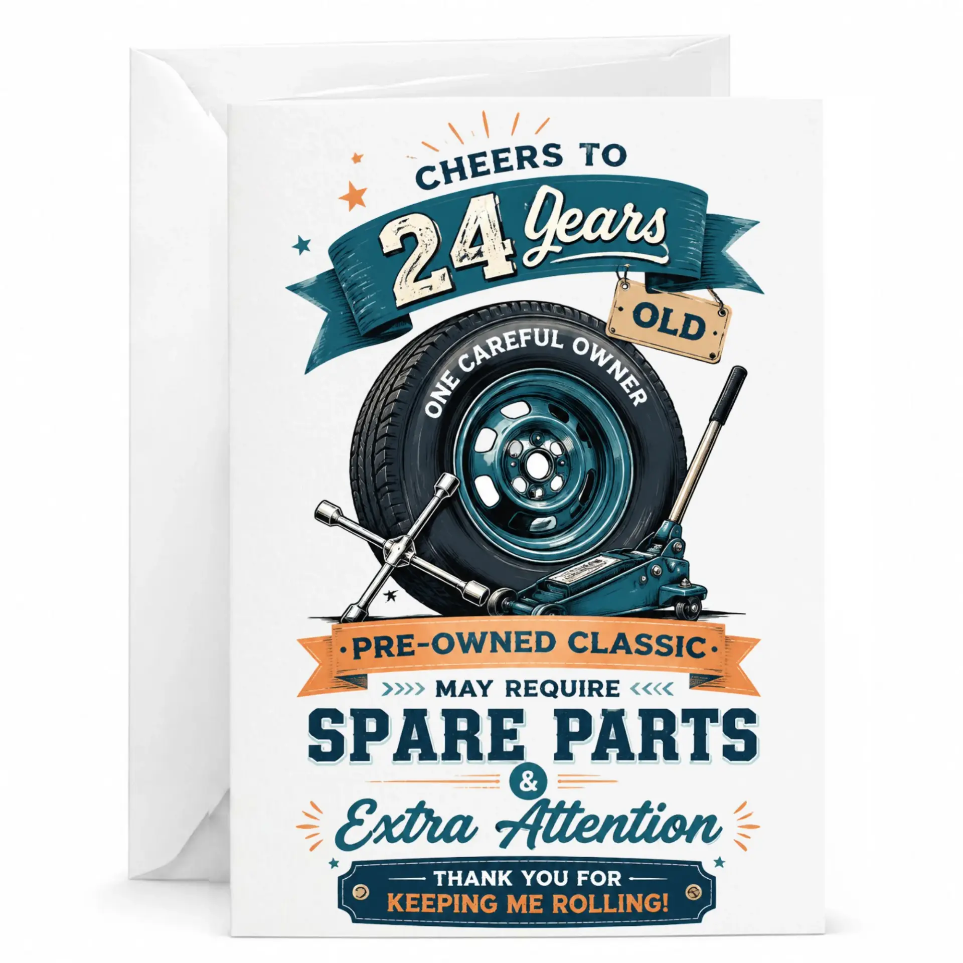 Funny 24th Birthday Greeting Card for Car Enthusiasts Mechanic Themed Humorous Automotive Theme Note for Milestone Year
