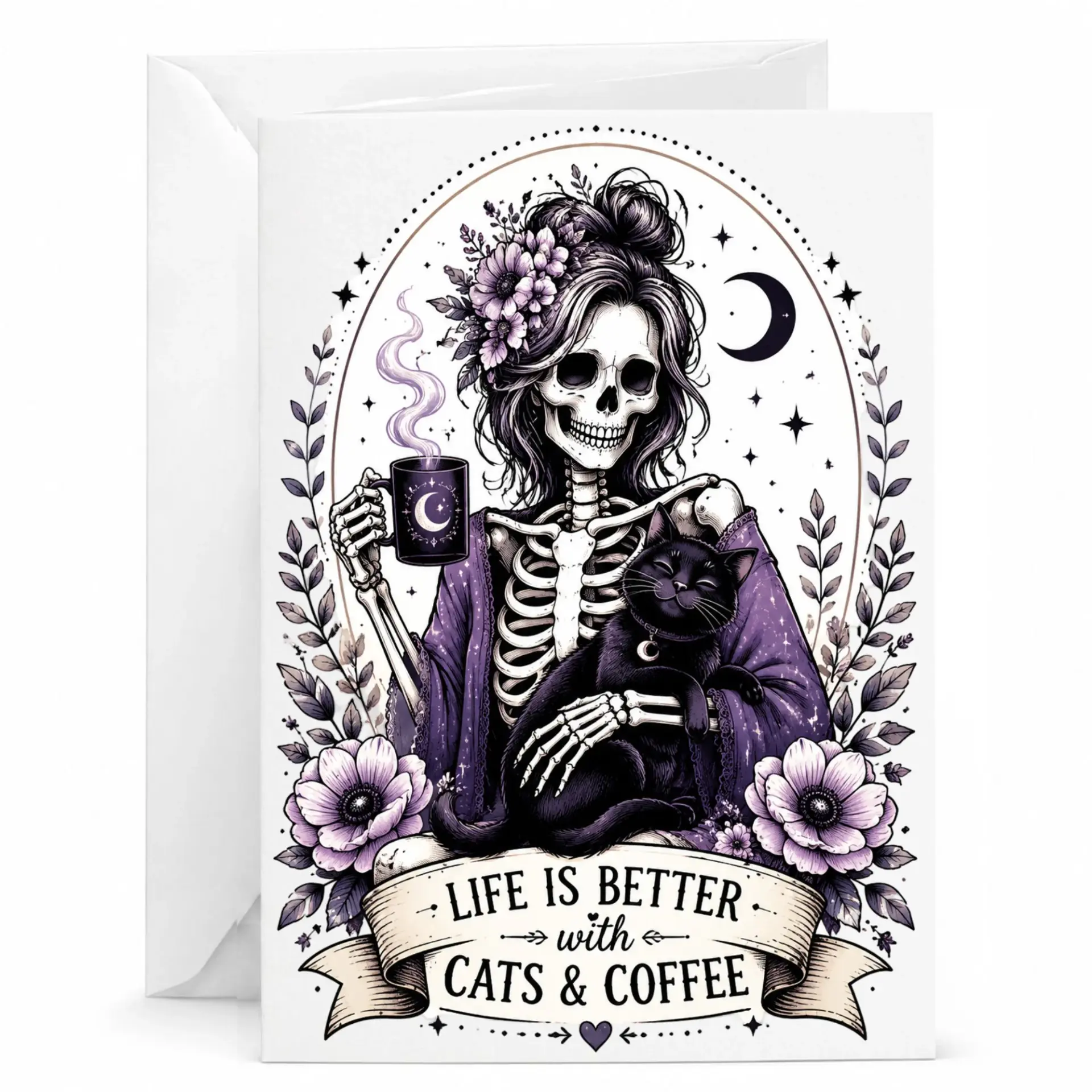 Funny Cat Coffee Lover Greeting Card Skeleton Illustration Decorative Artwork for Personal Messages and Notes