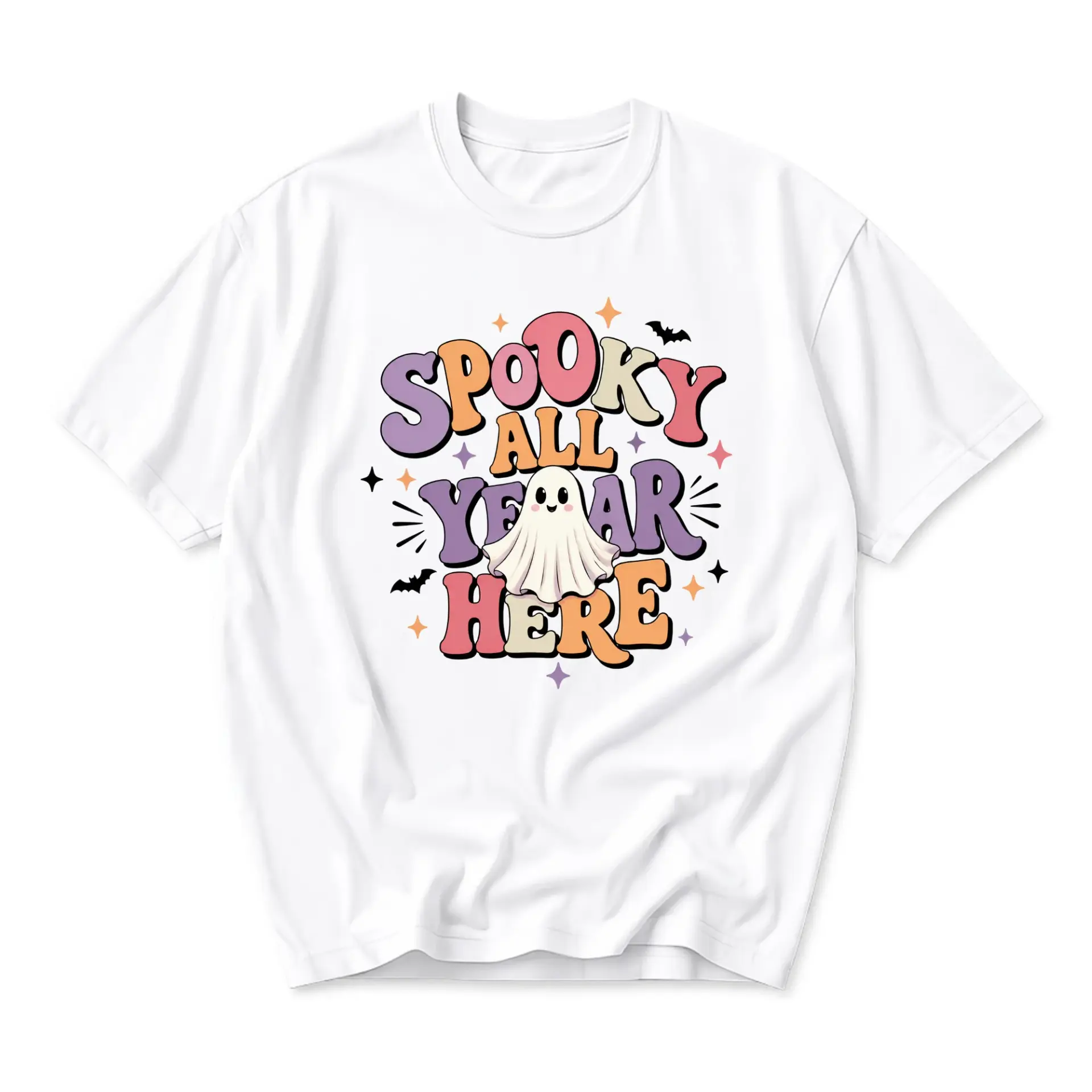 Graphic Tee Spooky All Year Here Retro Ghost Print Unisex Crew Neck Casual Everyday Short Sleeve Cotton Blend T-Shirt