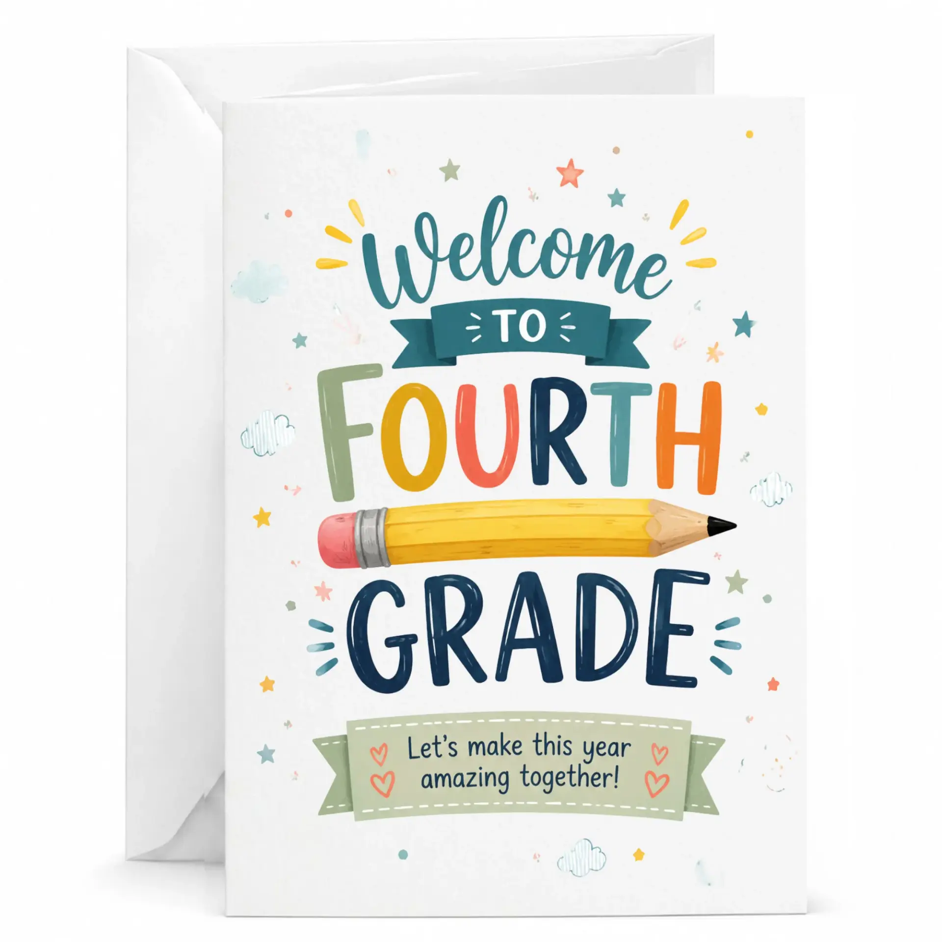 Greeting Card Welcome to Fourth Bright Colorful Pencils Education Theme Note with Matching Envelope