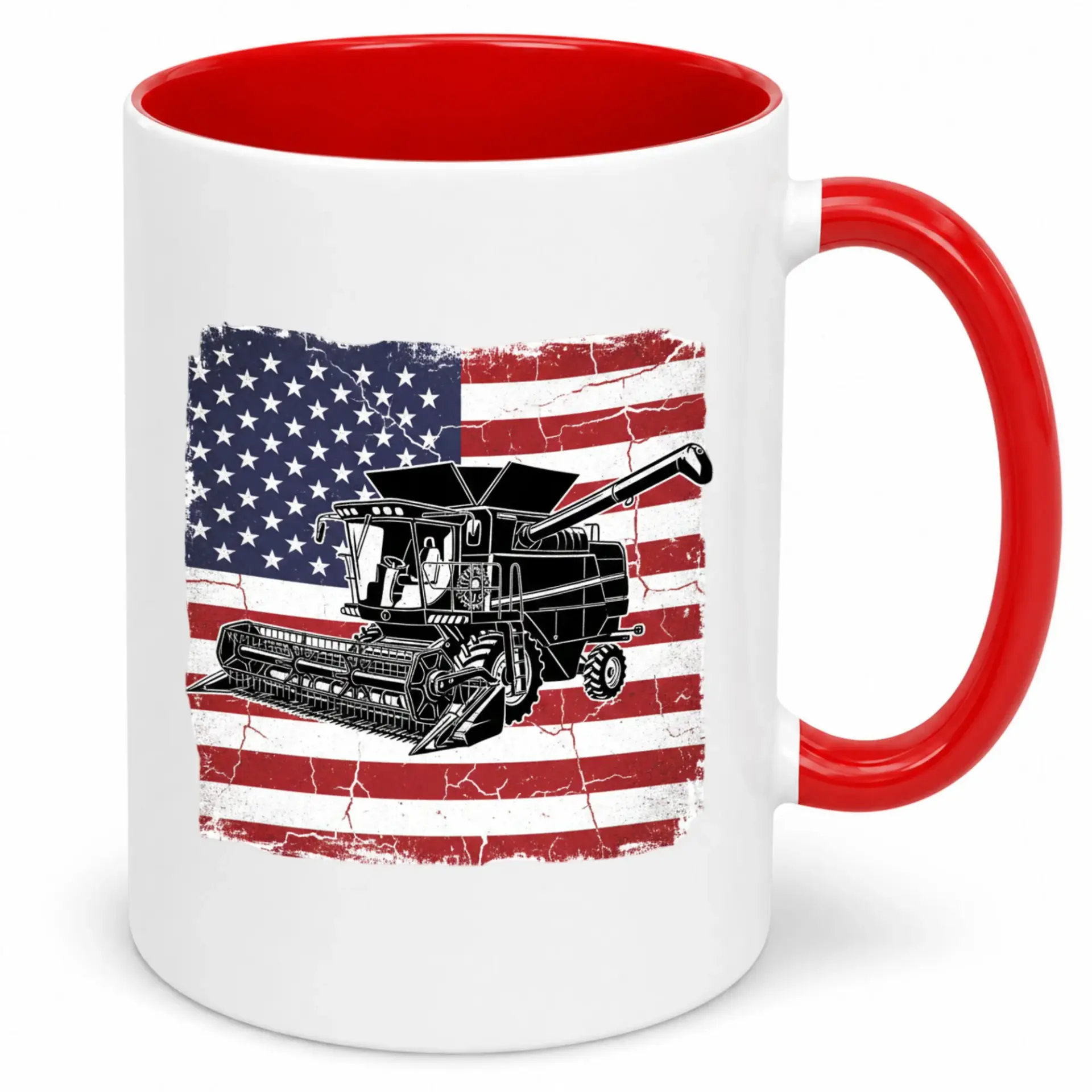 American Flag Combine Harvester Coffee Mug Patriotic Farmer Agriculture Theme Ceramic Cup for Farm Enthusiasts Distressed Design Beverage Drinkware