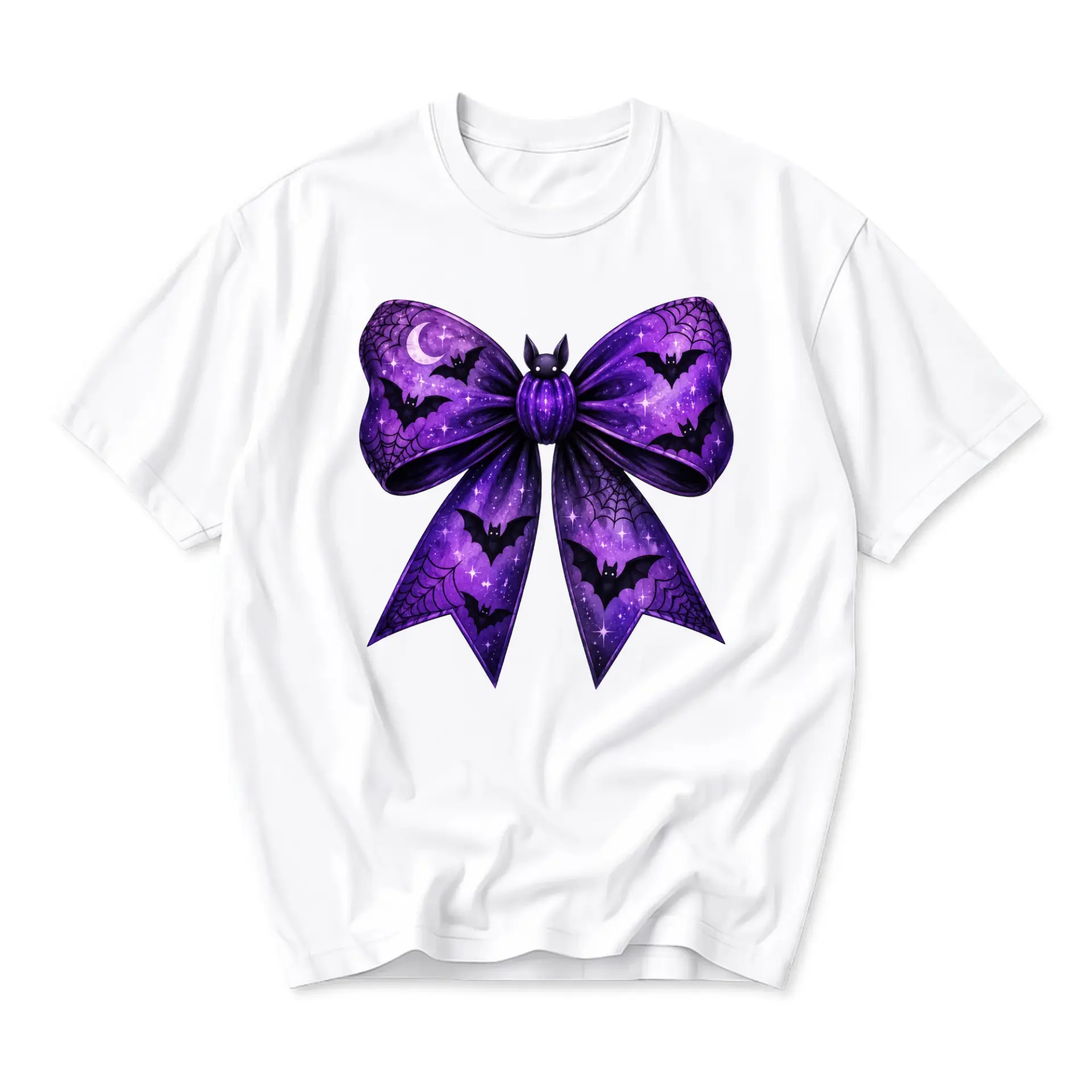 Graphic Tee Unisex Crew Neck T-Shirt Featuring Purple Gothic Bow Bat Design for Casual Everyday Style and Comfort