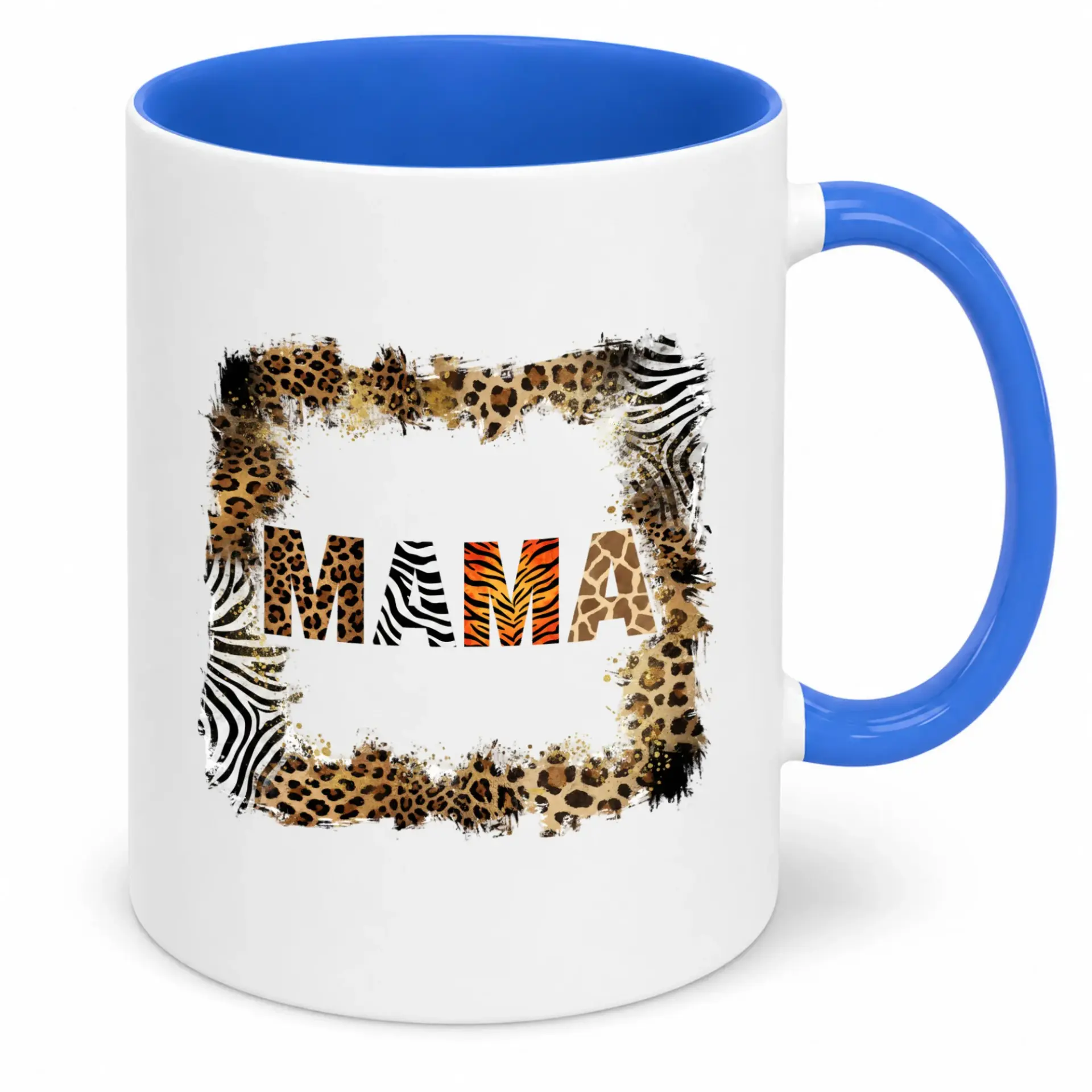 Mama Animal Print Ceramic Coffee Mug Inspired Patterns with Distressed Border Blue Handle Beverage Cup for Daily Use