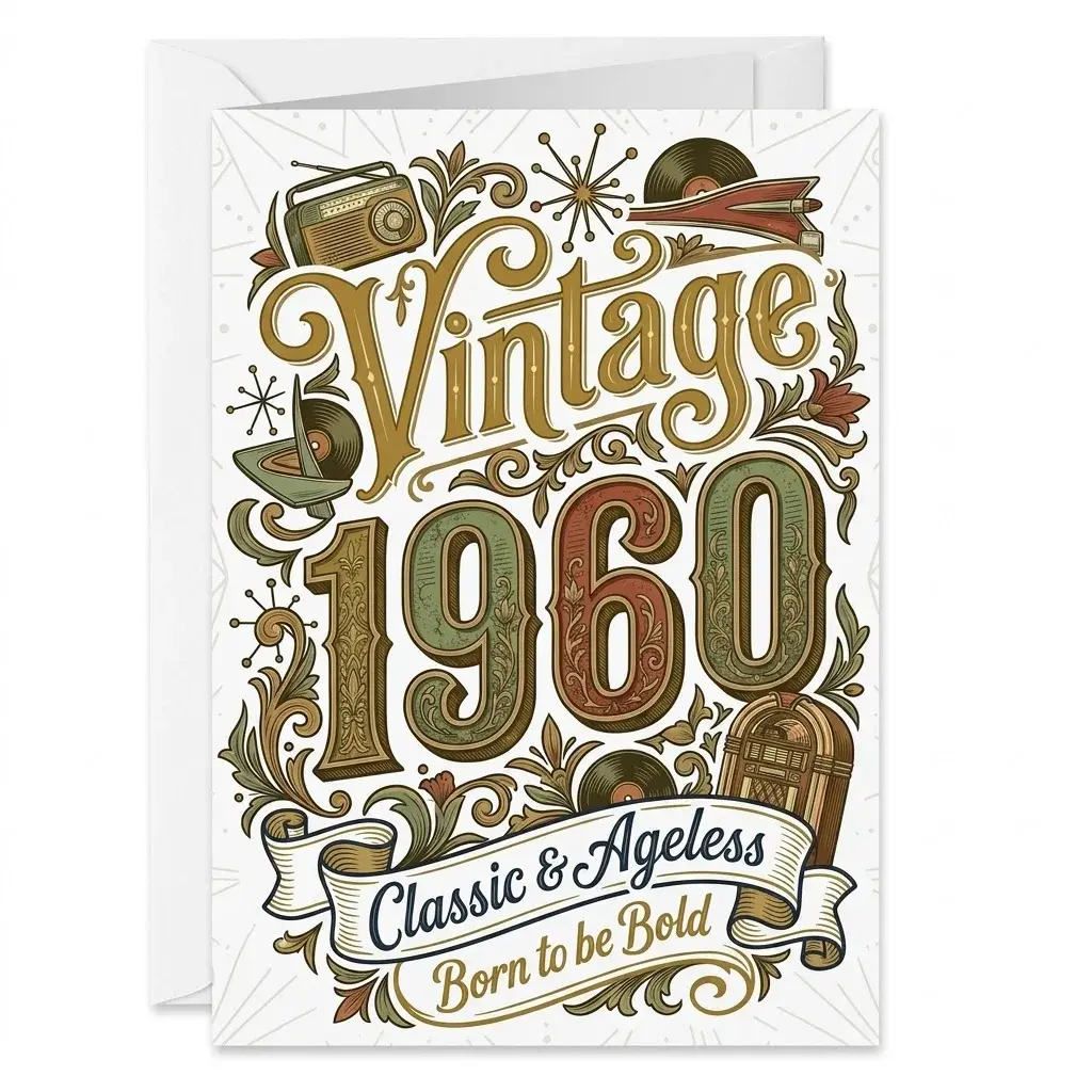 Birthday Card Vintage 1960 Retro Style Printed Greeting Card with Envelope for Adults Milestone Celebrations 5x7 Inches