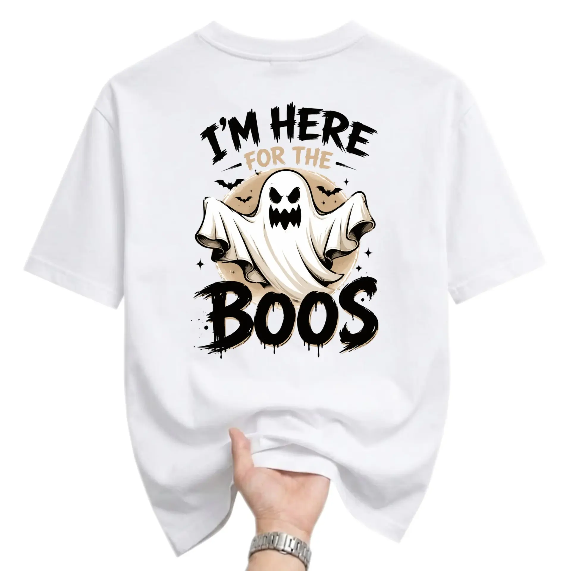 Funny Shirt I Am Here for the Boos Ghost Graphic Tee Seasonal Unisex Crew Neck Short Sleeve Cotton Casual Apparel