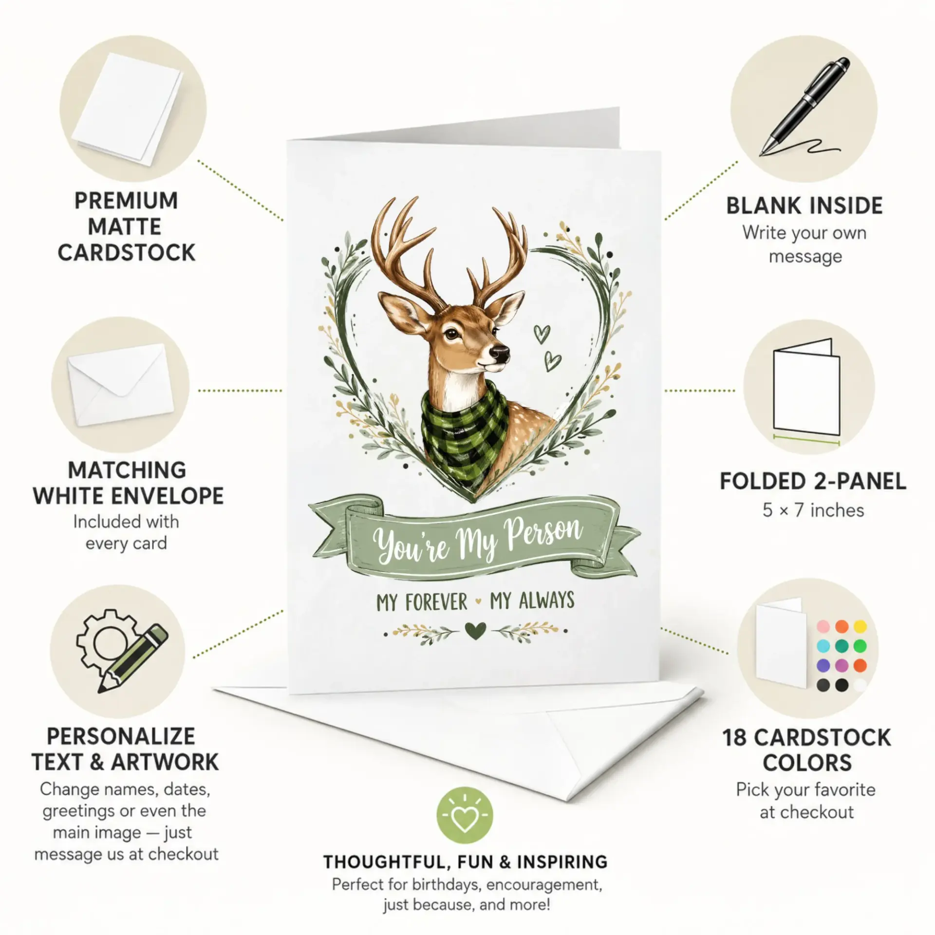 Greeting Card You Are My Person Deer Illustration Romantic Stationery for Anniversary Wedding and Special Occasions