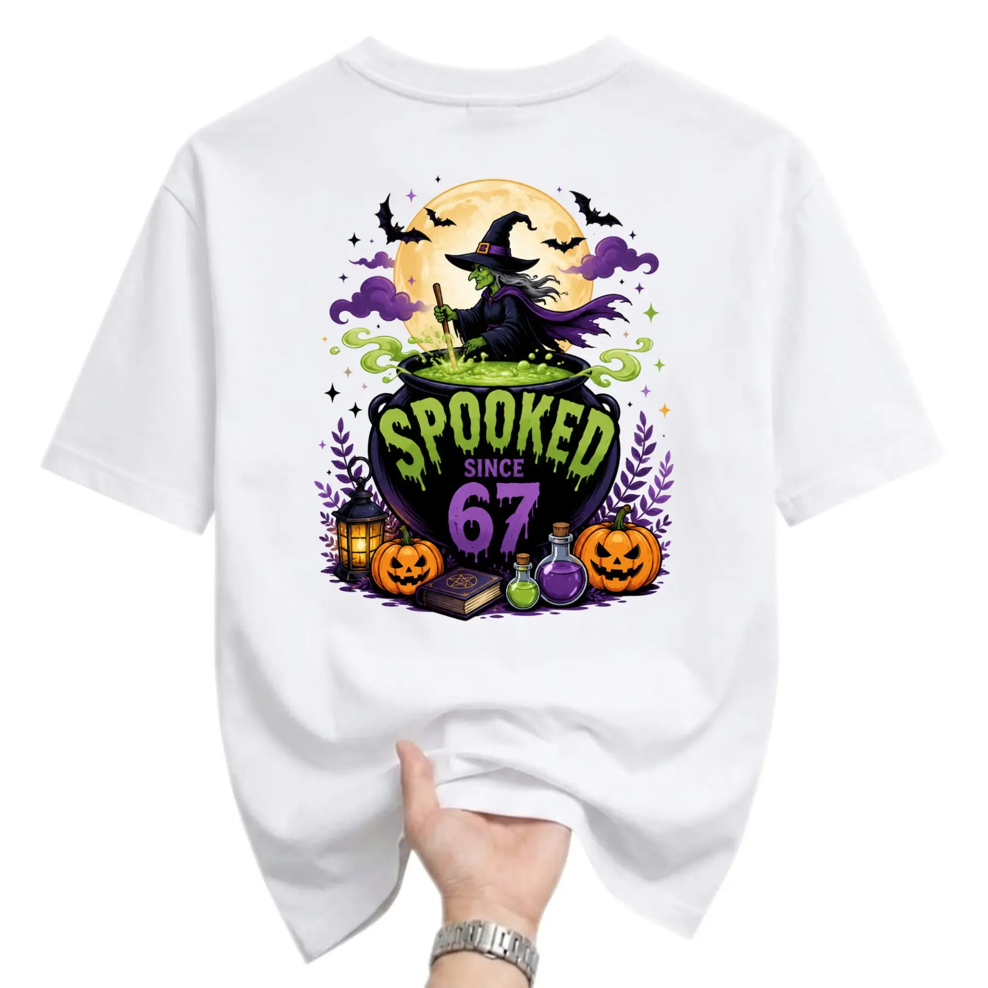 Graphic Tee Spooked Since 67 Halloween Witch Cauldron Unisex Crew Neck T-Shirt for Casual Wear and Holiday Outfit