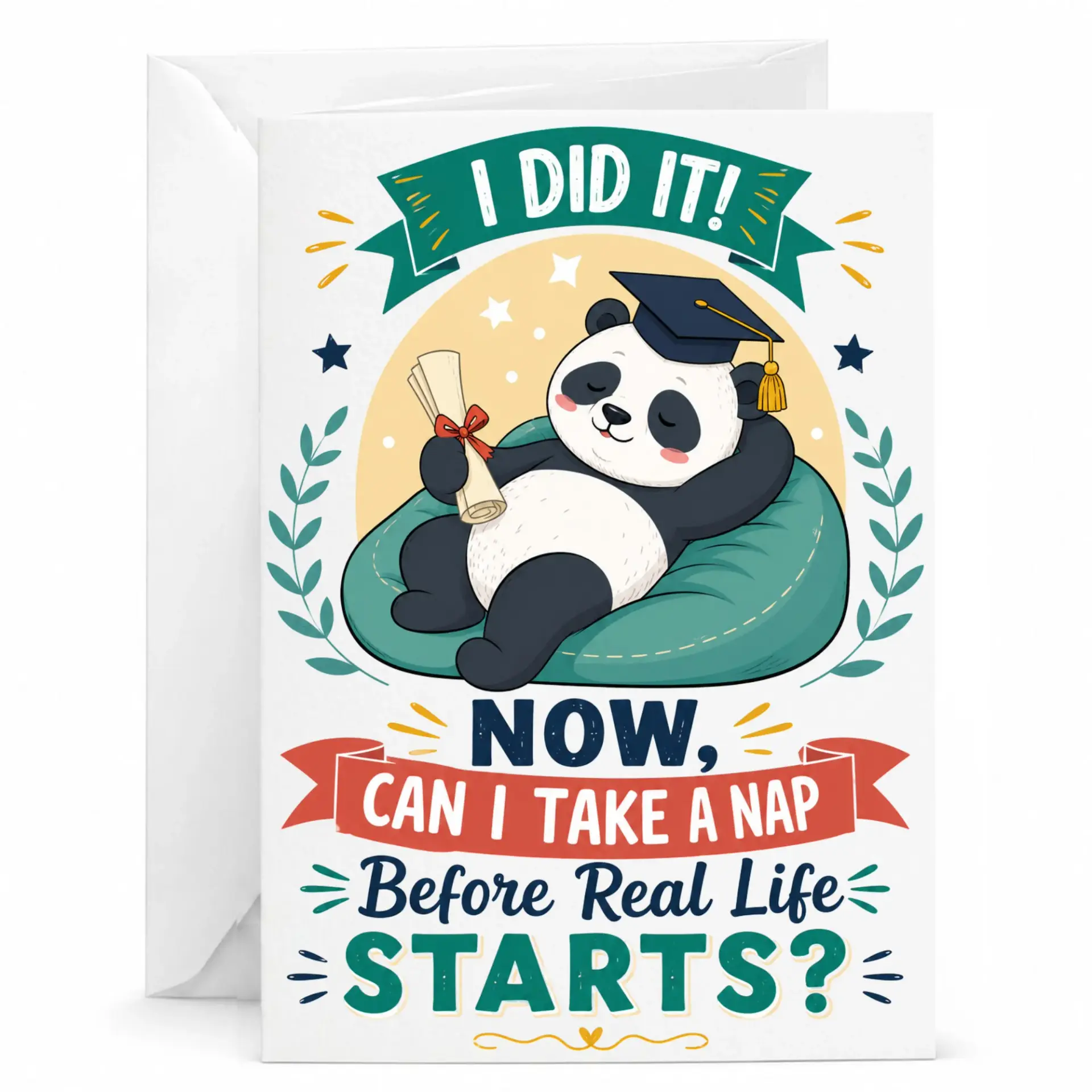 Funny Graduation Congratulations Greeting Card with Relaxing Panda Design and Envelope for Academic Achievement