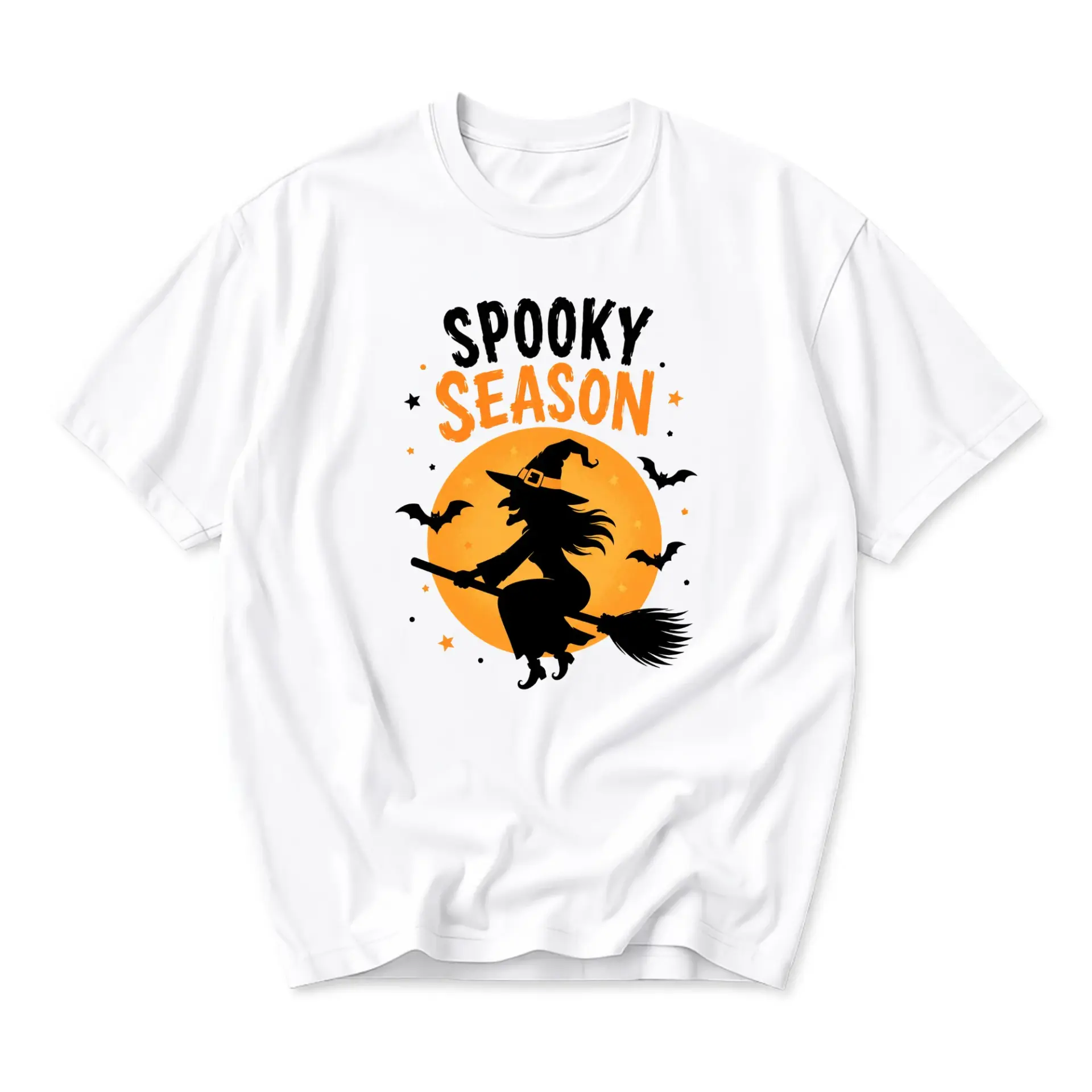 Graphic Tee Spooky Season Witch on Broomstick Design Unisex Crew Neck Short Sleeve Casual Cotton Blend Shirt