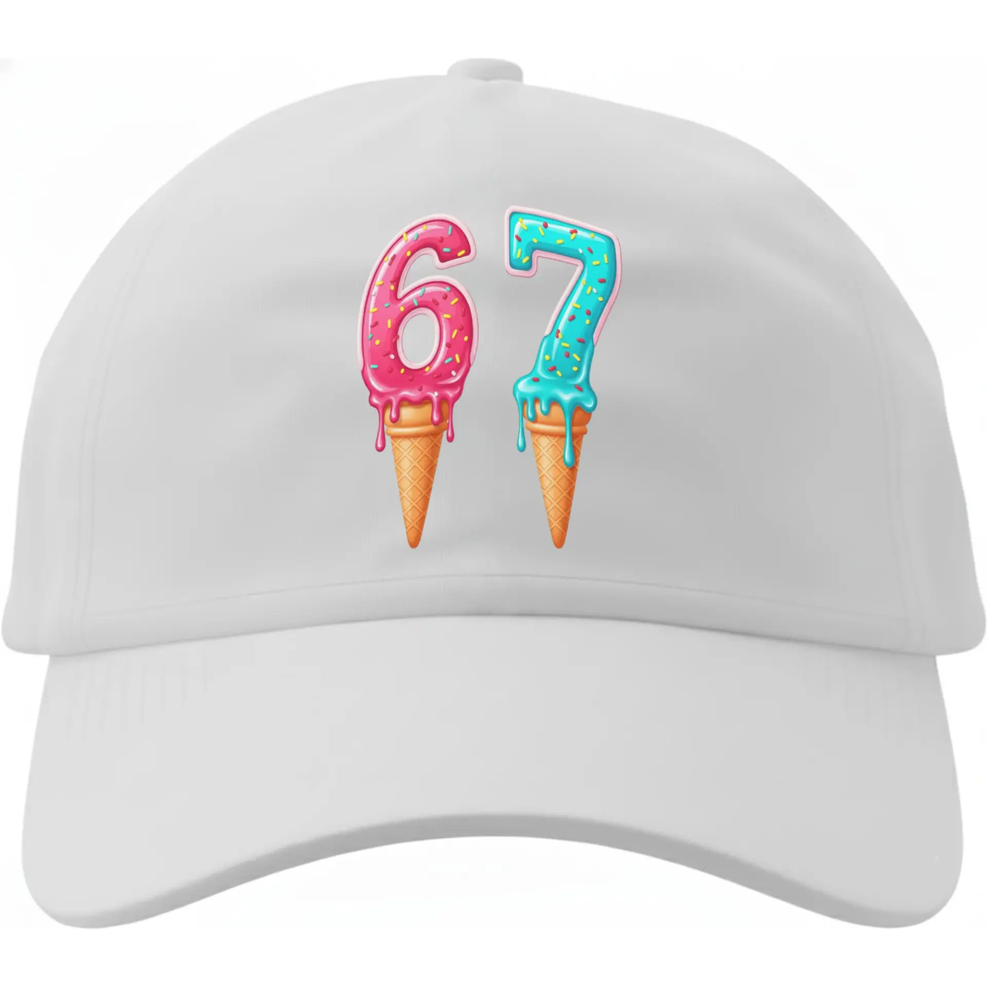 Baseball Cap Featuring Melted Ice Cream Number Sixty Seven Graphic for Summer Fun and Casual Everyday Wear Style