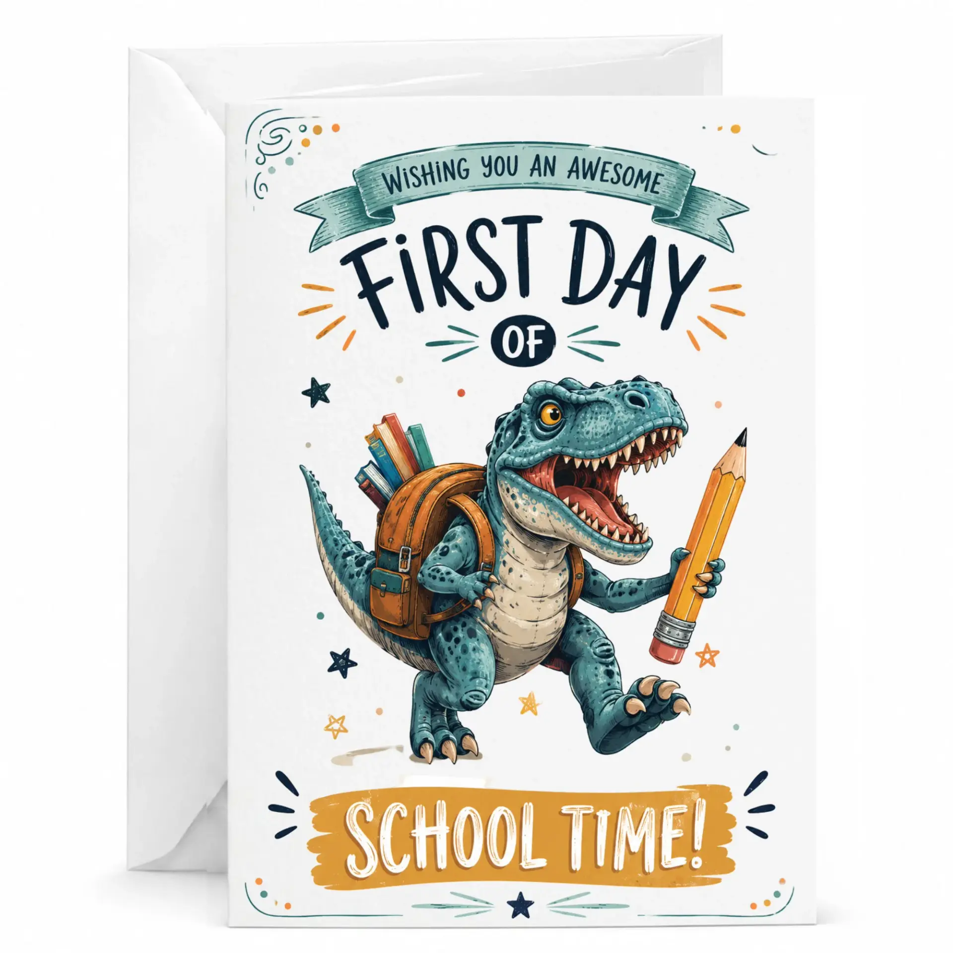 Greeting Card Wishing You an Awesome First Day of School Time Featuring a Cute Dinosaur Holding a Pencil and