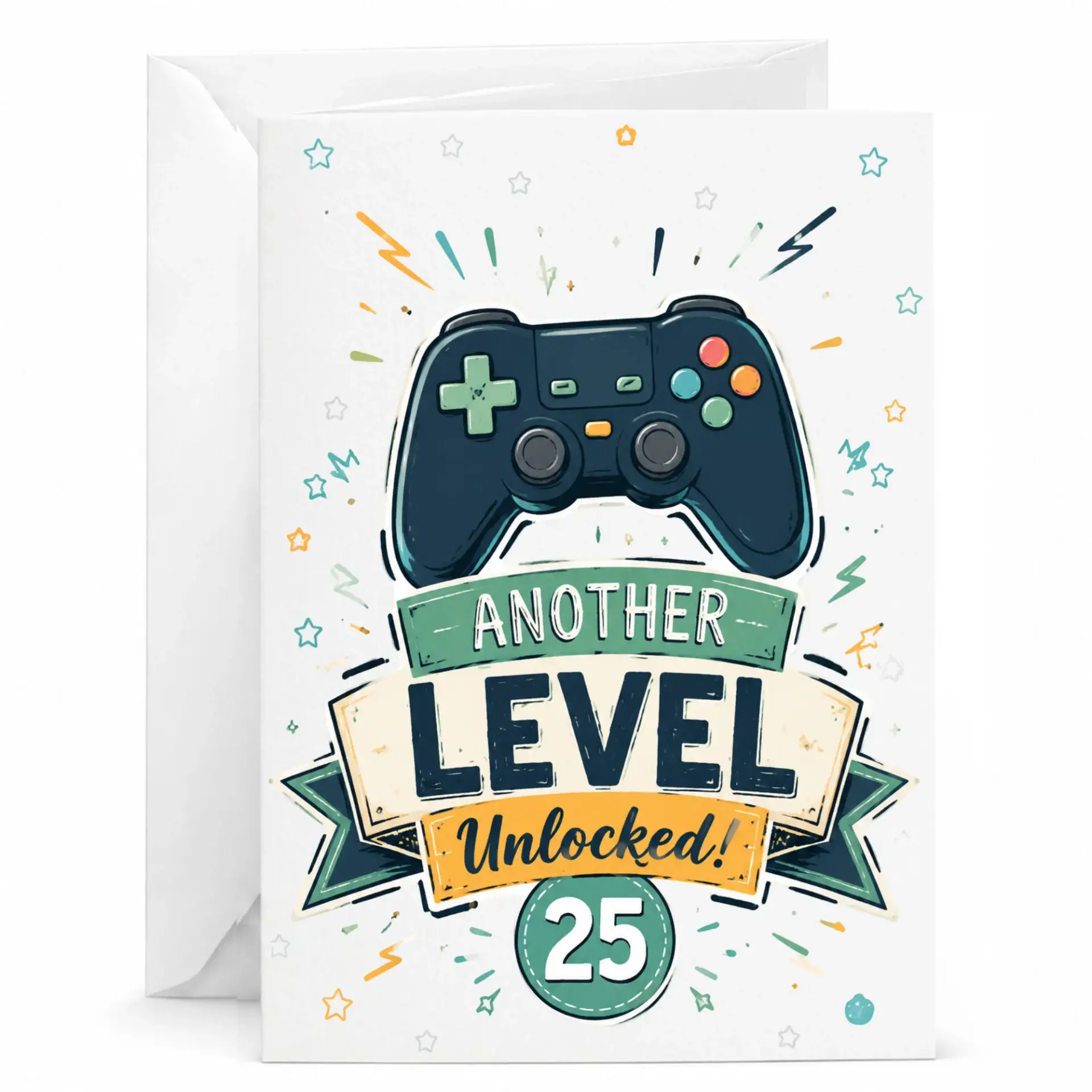 Funny Greeting Card 25th Birthday Another Level Unlocked Video Game Controller Design for Milestone Celebration
