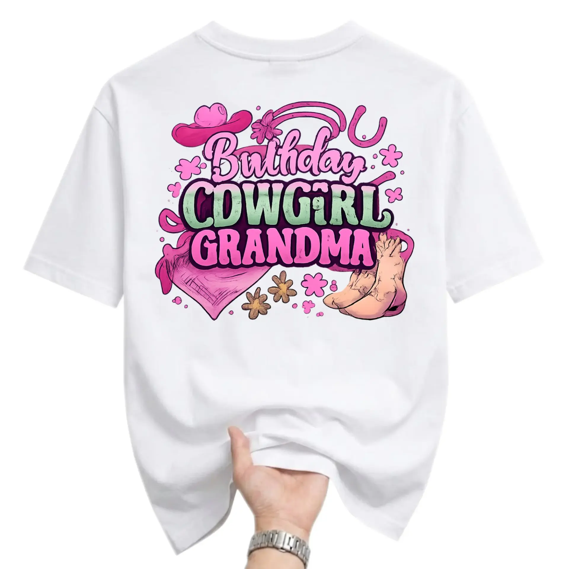 Graphic Tee Birthday Cowgirl Grandma Western Theme Print Casual Unisex Crew Neck Cotton Blend Shirt White
