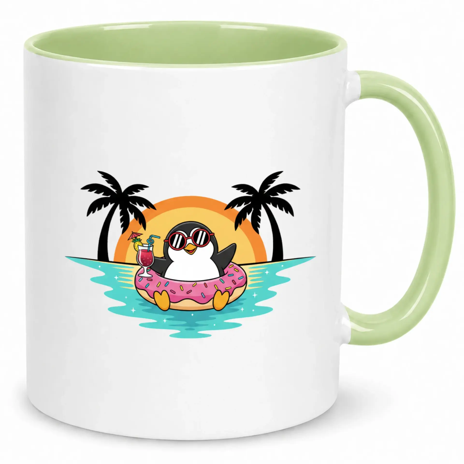 Funny Coffee Mug for Tropical Relaxation Ceramic Novelty Beverage Cup with Cute Penguin Donut Float and Sunset Beach Design