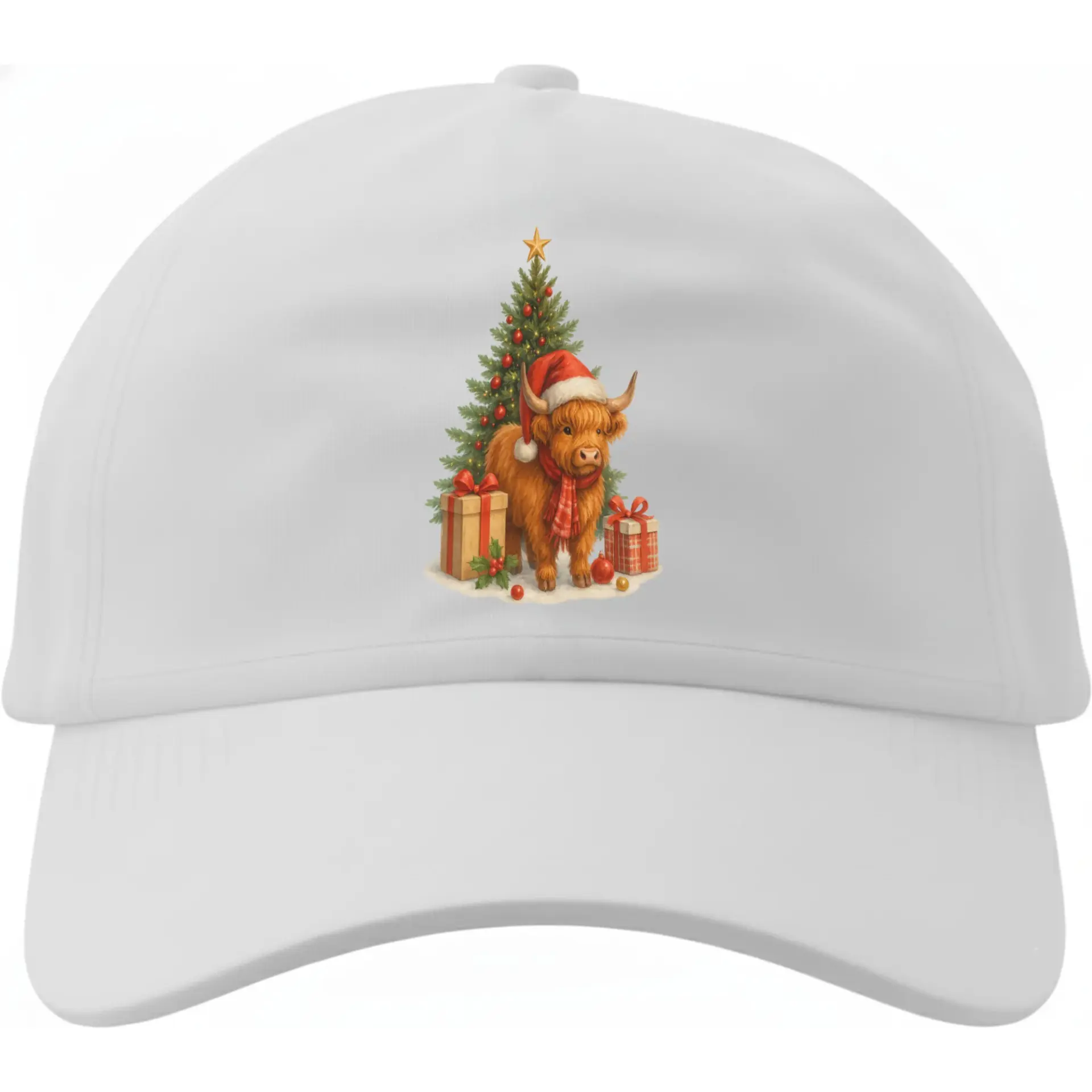 Baseball Cap Featuring a Cute Highland Cow Wearing a Santa Hat Near a Decorated Christmas Tree and Festive Holiday Gifts