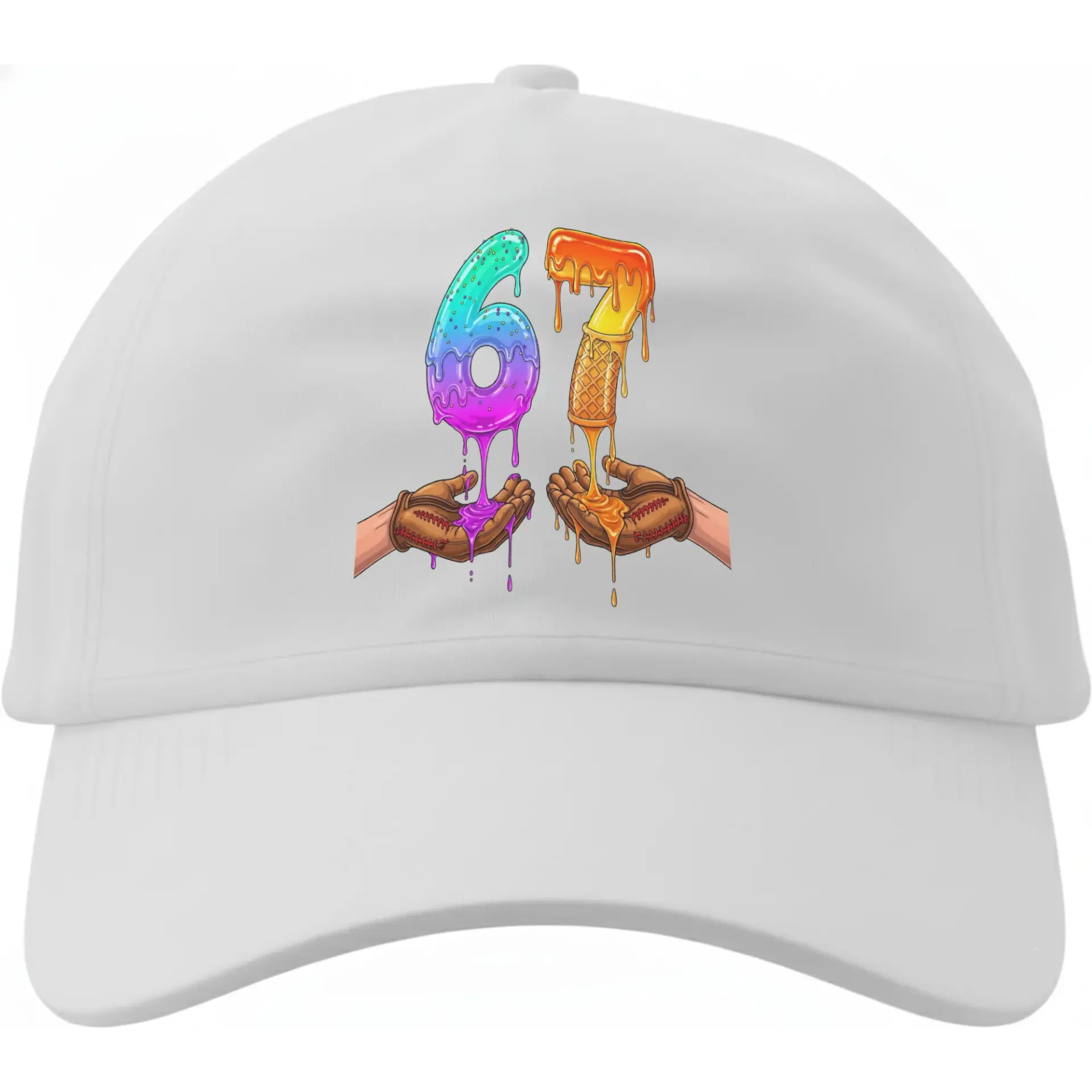 Baseball Cap Featuring Colorful Melting Number 67 Graphic Design Unisex Adjustable Hat for Casual Daily Wear