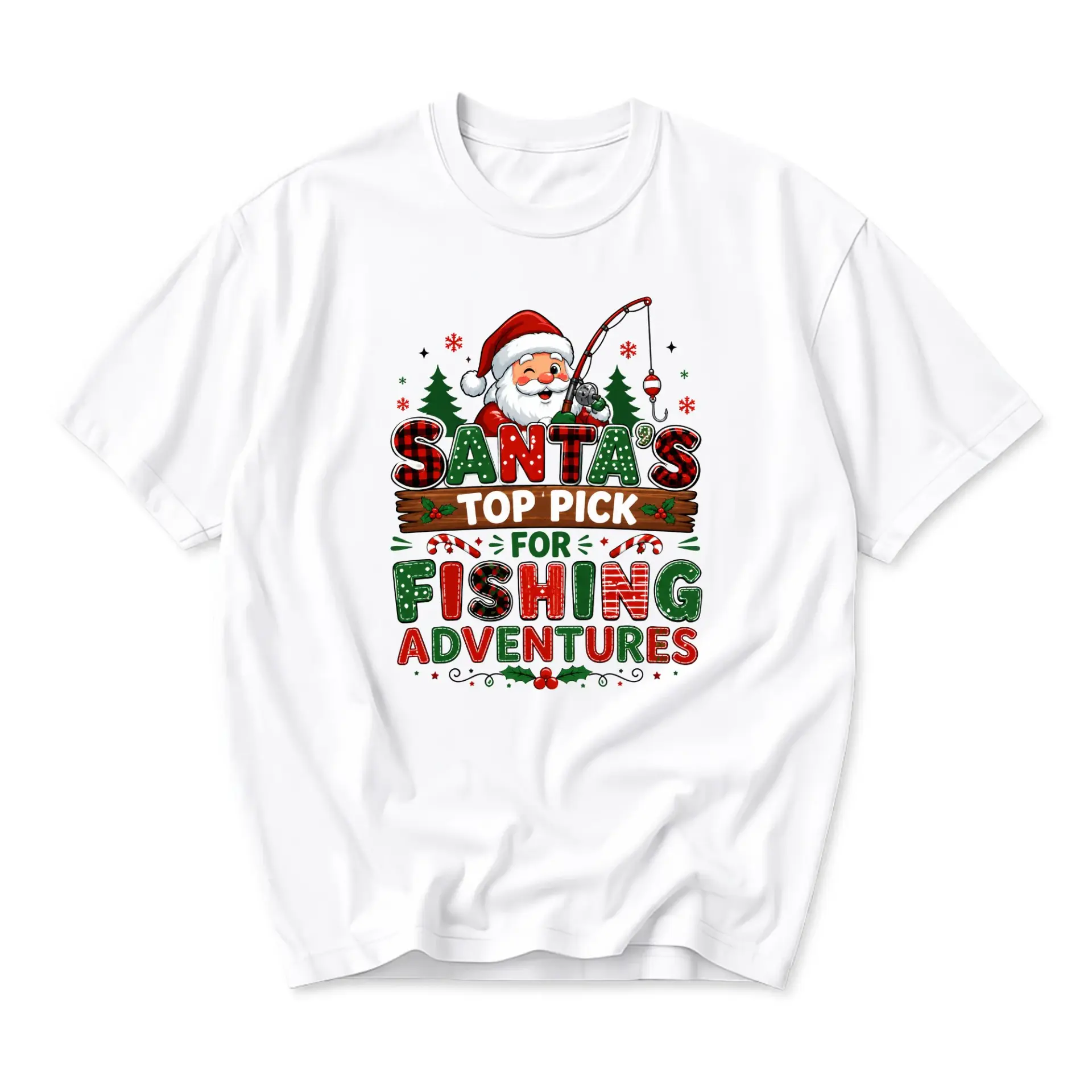 Funny Shirt Santa Fishing Graphic Tee Holiday Seasonal Unisex Crew Neck
