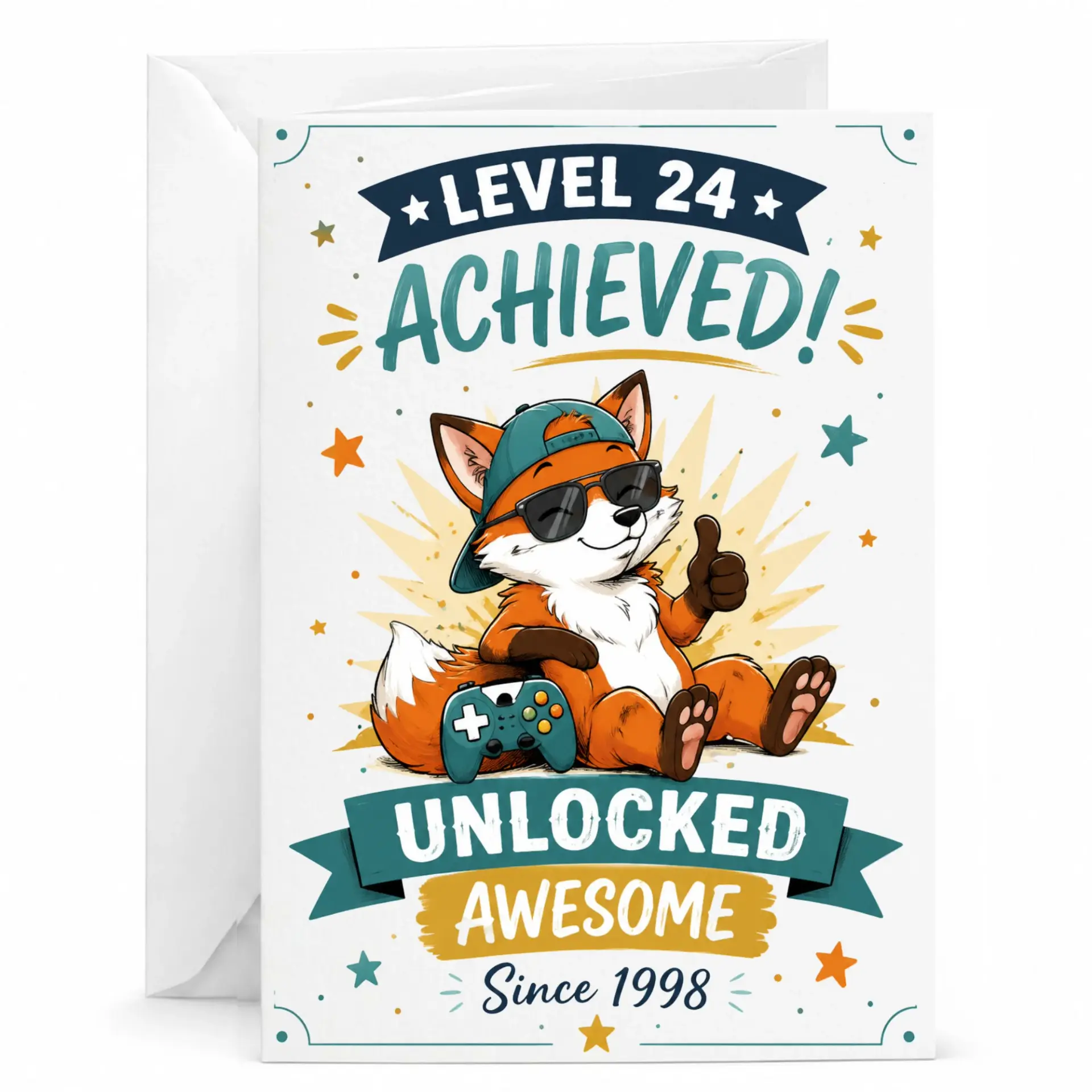 Funny Gaming Birthday Card Level 24 Achieved 24th Birthday Greeting Card for Gamer with Envelope 5x7 Inch