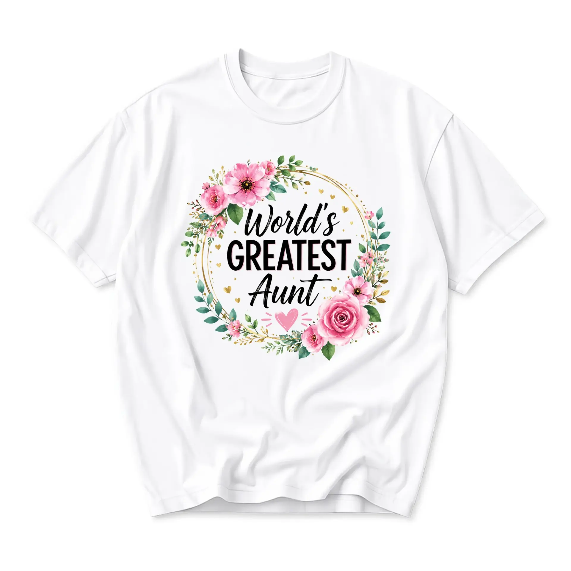Graphic Tee World Greatest Aunt Floral Wreath Design Unisex Crew Neck Soft Cotton Blend Casual Everyday Shirt
