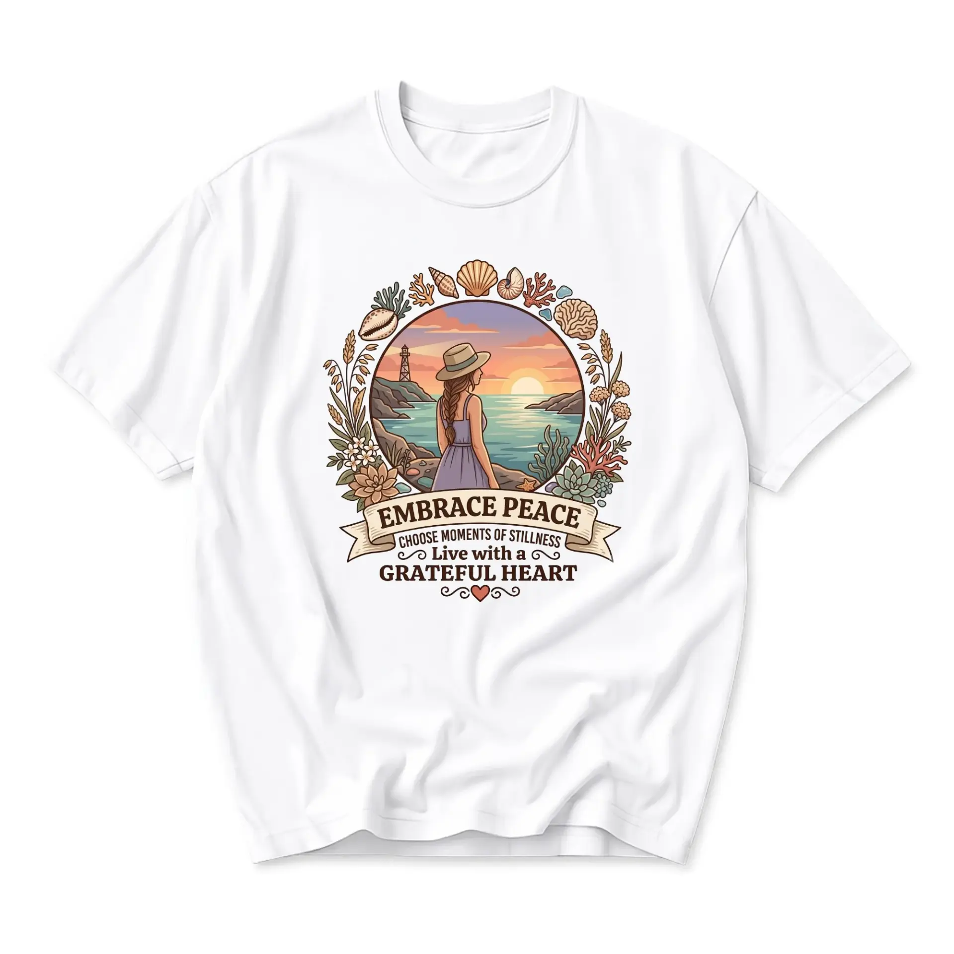 T-shirt Embrace Peace Graphic Tee Coastal Sunset Ocean Scene Inspirational Quote Unisex Casual Everyday Apparel