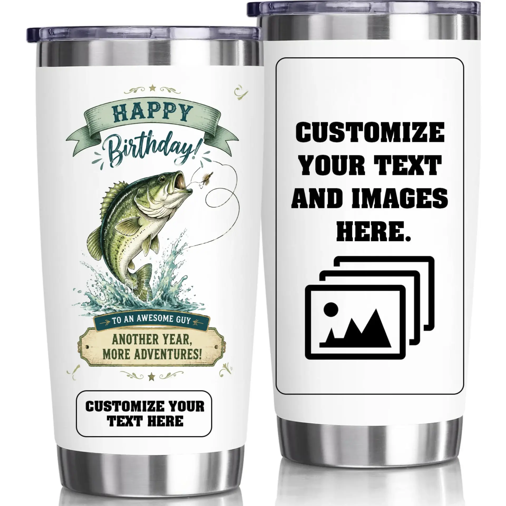 Stainless Steel Tumbler 20oz Fishing Birthday Gift Personalized Custom Travel Mug for Hot and Cold Drinks Office Accessory
