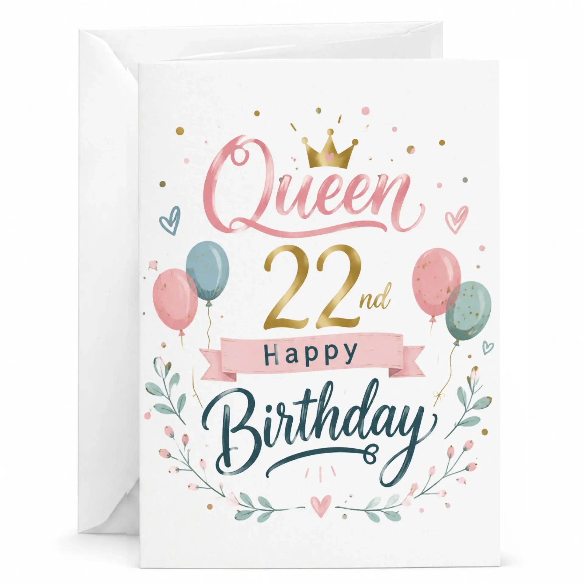 Birthday Card Queen 22nd Happy Birthday Greeting Card for Her with Envelope Elegant Floral Balloon Design