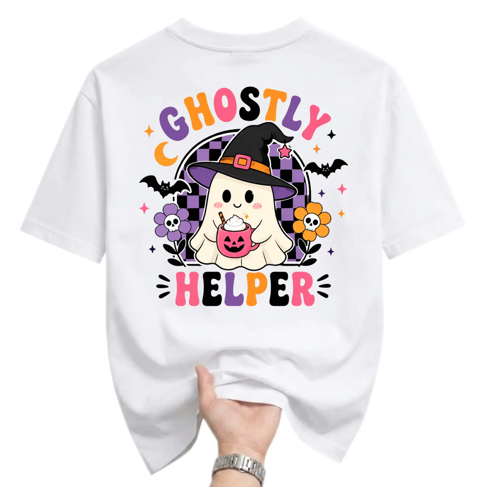 Graphic Tee Ghostly Helper Cute Halloween Spirit T-Shirt with Witch Hat Pumpkin Coffee Cup Fall Season Apparel