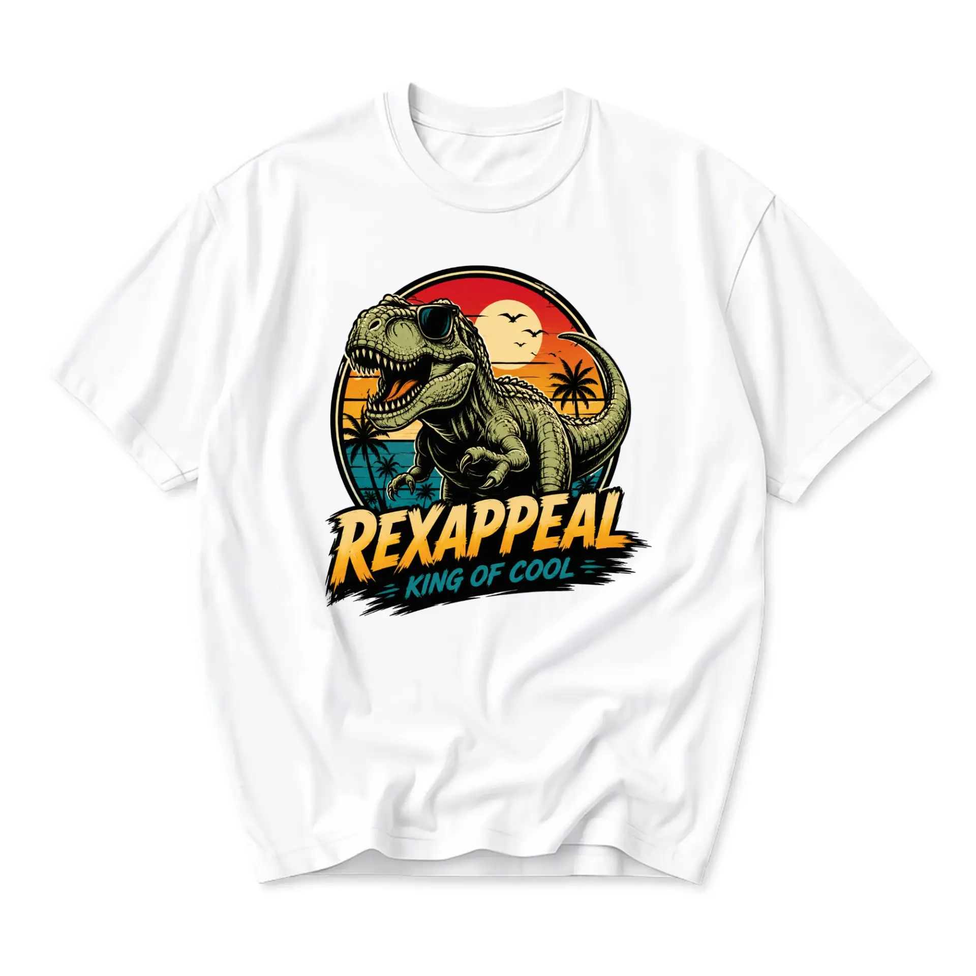 Graphic Tee Rexappeal King of Cool T-Shirt Unisex Casual Crew Neck Dinosaur Sun Setting Silhouette Summer Top White