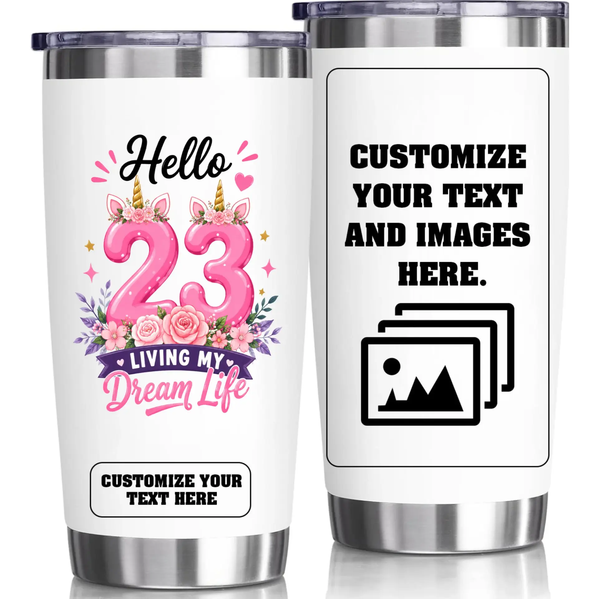 Stainless Steel Tumbler 20oz Personalized Birthday Mug with Unicorn Theme and Custom Text Options for Travel and Office