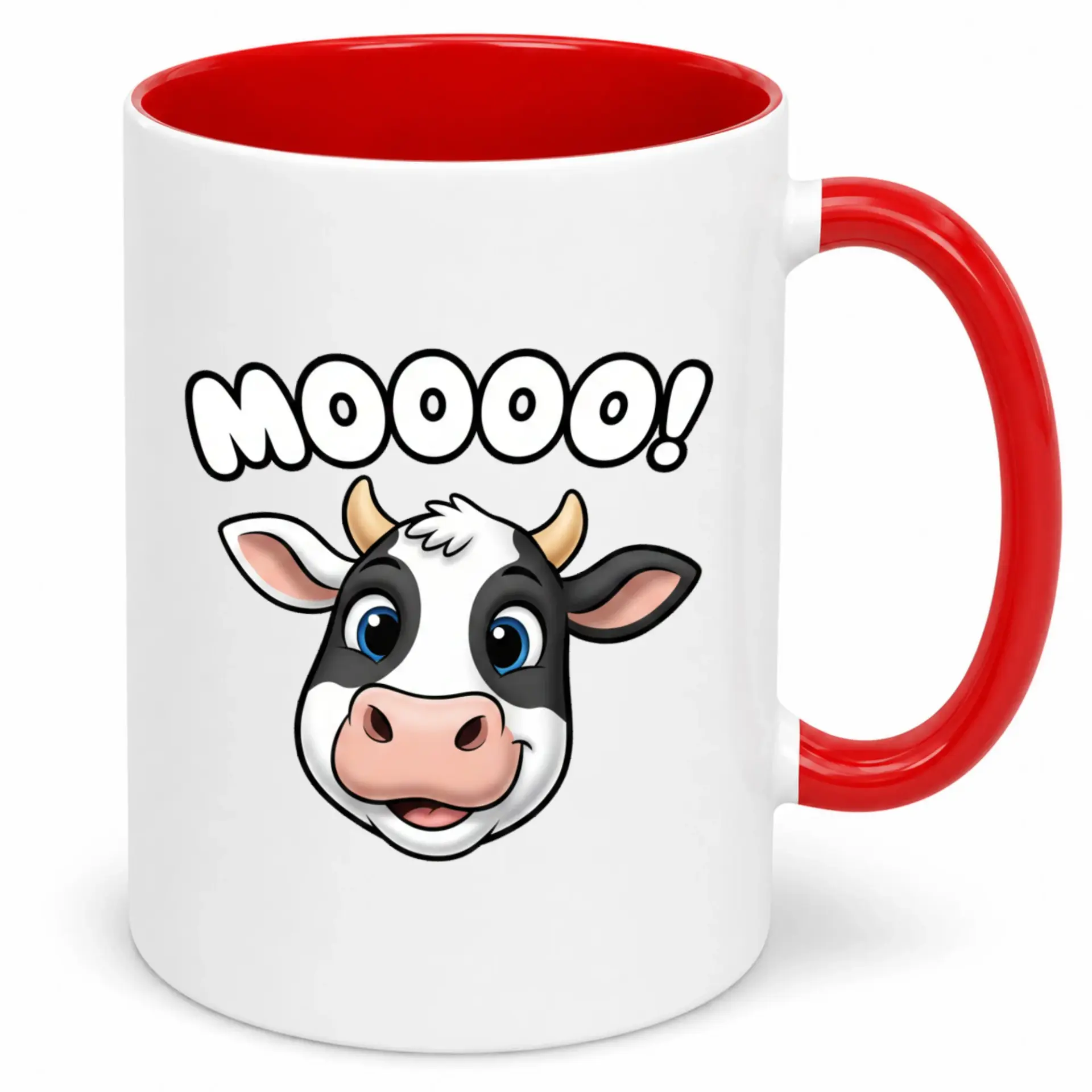 Funny Cow Coffee Mug with "moooo!" Text Cute Farm Animal Themed White Ceramic Beverage Cup Red Handle