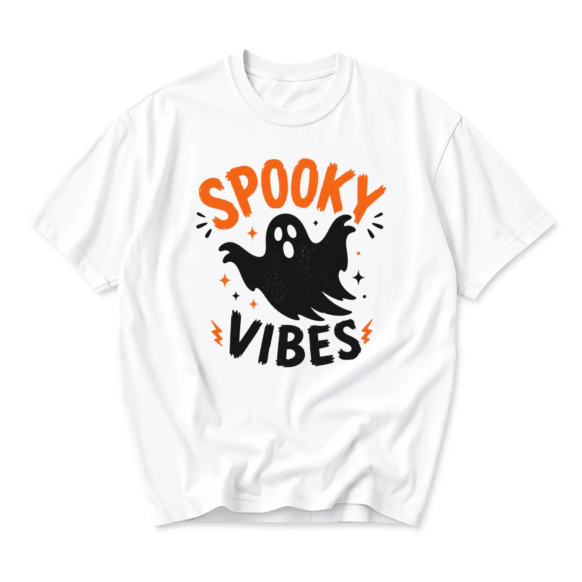 T-shirt Spooky Vibes Graphic Tee Unisex White Cotton Crew Neck Casual Top for Autumn Seasonal Holiday Fashion Wear