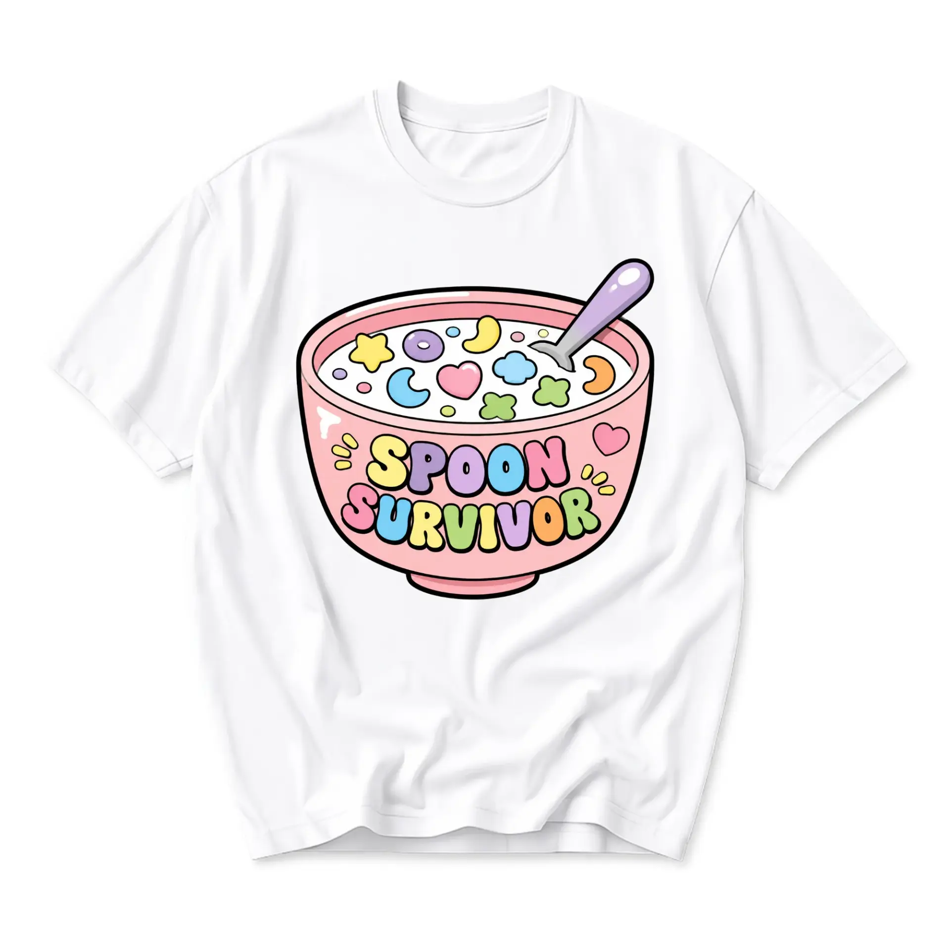 Graphic Tee Spoon Survivor Cereal Bowl Illustration Unisex Casual Short Sleeve Cotton Crew Neck Shirt for Everyday Wear